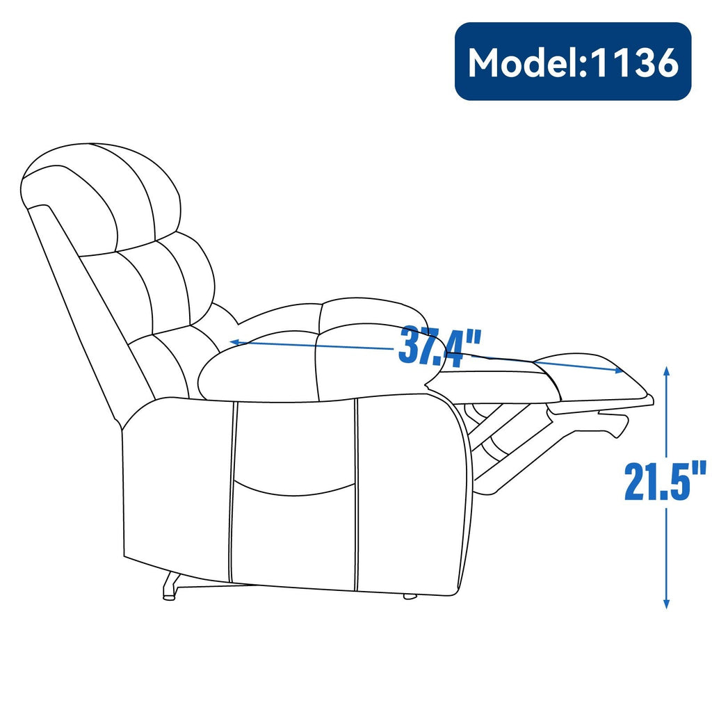 Fauteuil inclinable électrique à large dossier et à large assise (23 pouces) en chenille, avec massage vibratoire à 8 points et chaleur lombaire.