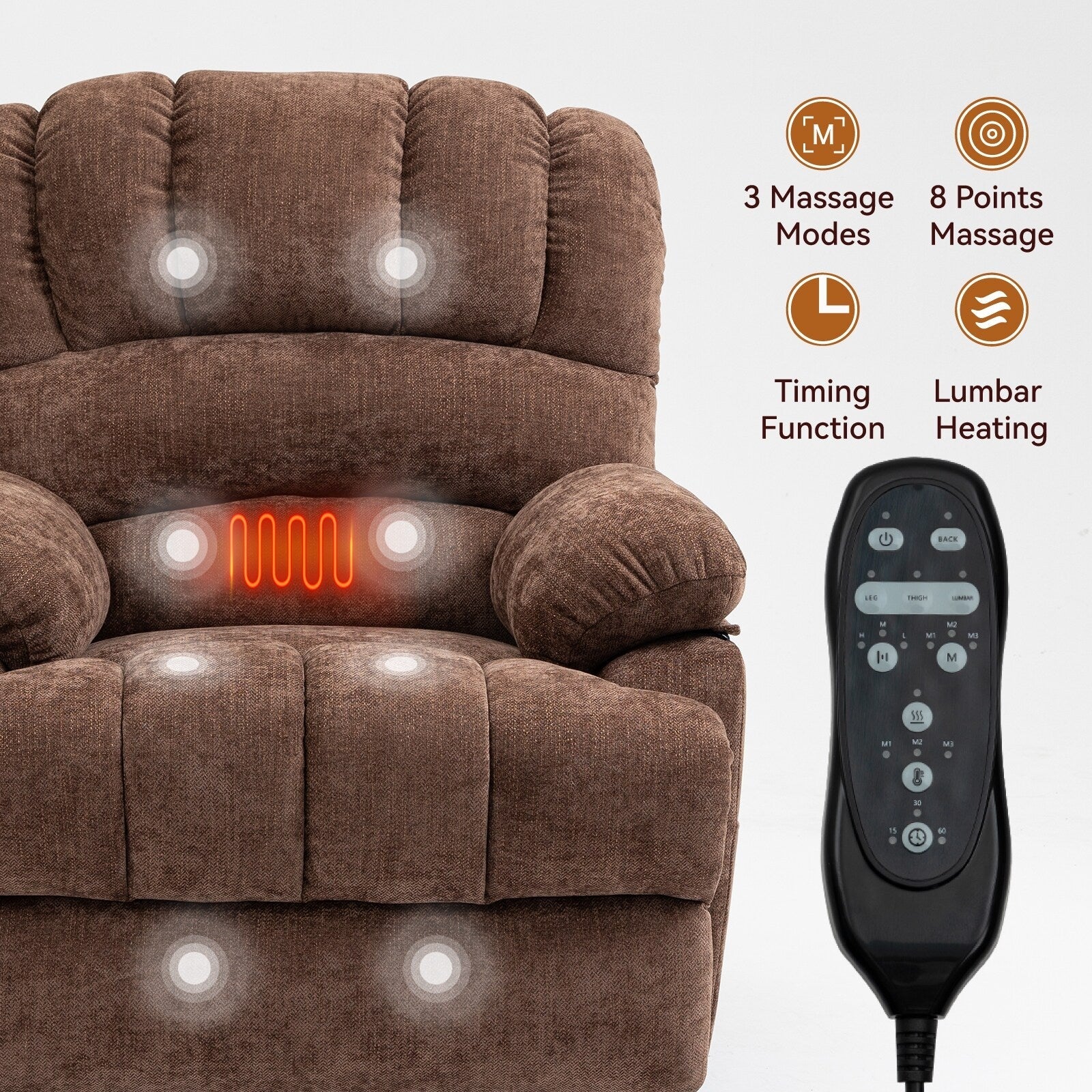 Fauteuil inclinable électrique à large dossier et à large assise (23 pouces) en chenille, avec massage vibratoire à 8 points et chaleur lombaire.
