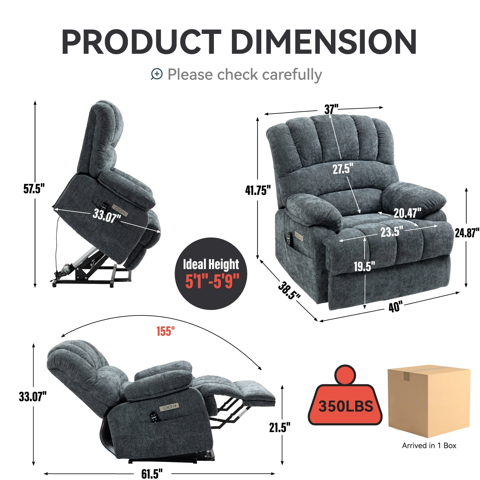 Fauteuil inclinable électrique à large dossier et à large assise (23 pouces) en chenille, avec massage vibratoire à 8 points et chauffage lombaire.