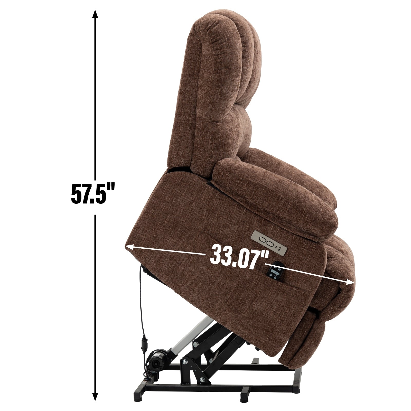 Fauteuil inclinable électrique à large dossier et à large assise (23 pouces) en chenille, avec massage vibratoire à 8 points et chauffage lombaire.