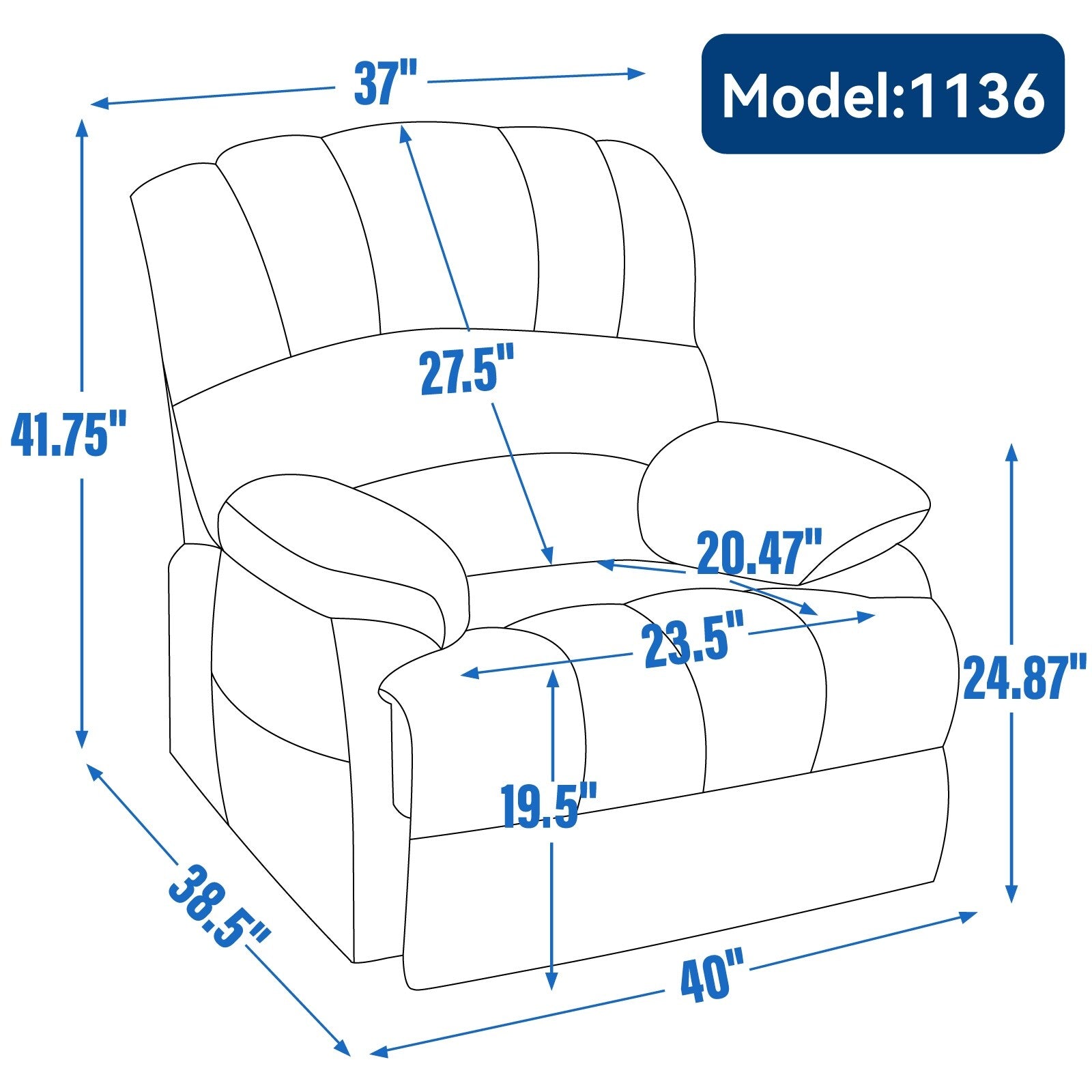 Fauteuil inclinable électrique à large dossier et à large assise (23 pouces) en chenille, avec massage vibratoire à 8 points et chauffage lombaire.