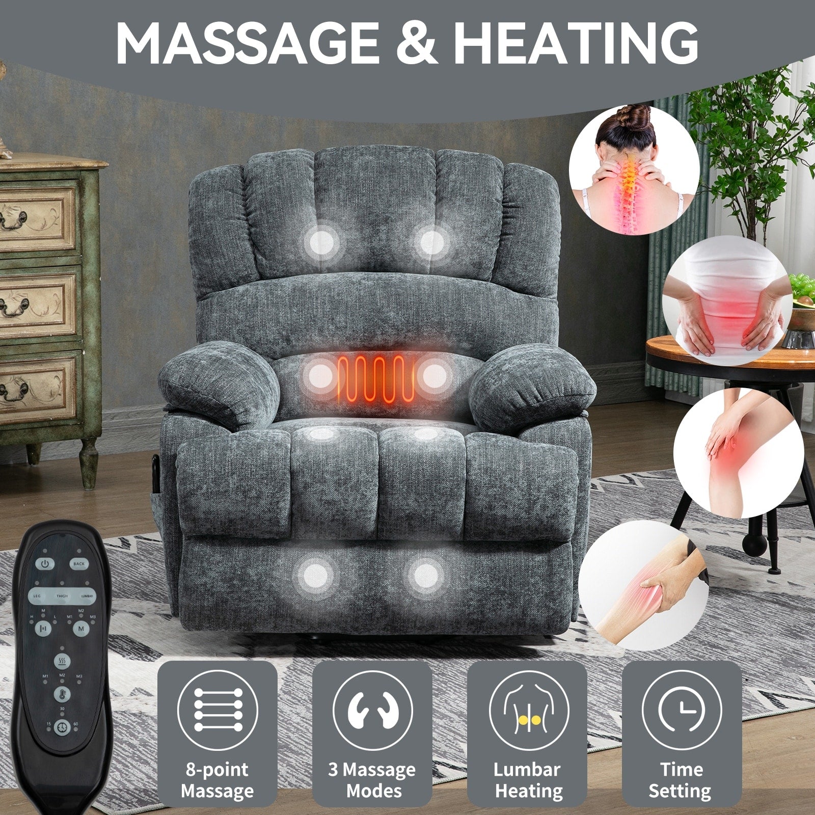 Fauteuil inclinable électrique à large dossier et à large assise (23 pouces) en chenille, avec massage vibratoire à 8 points et chauffage lombaire.