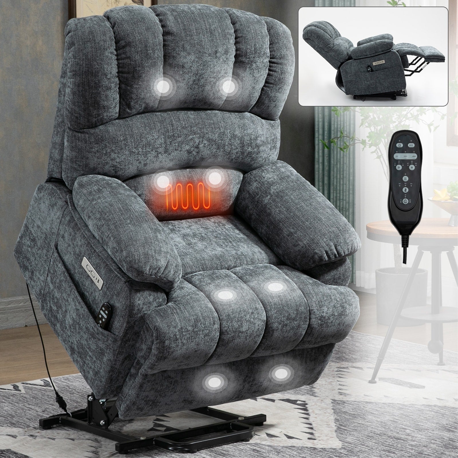 Fauteuil inclinable électrique à large dossier et à large assise (23 pouces) en chenille, avec massage vibratoire à 8 points et chauffage lombaire.