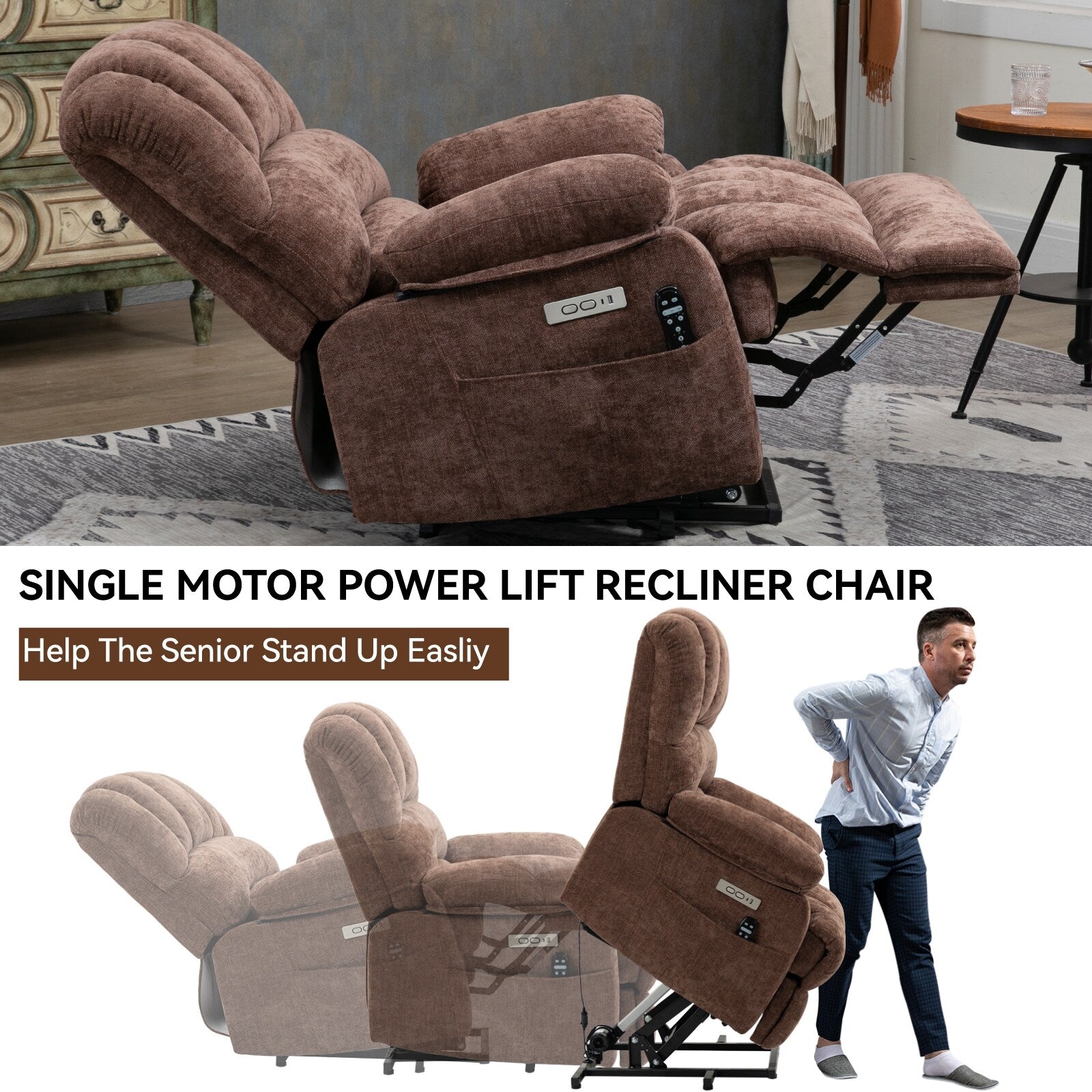 Fauteuil inclinable électrique à large dossier et à large assise (23 pouces) en chenille, avec massage vibratoire à 8 points et chauffage lombaire.