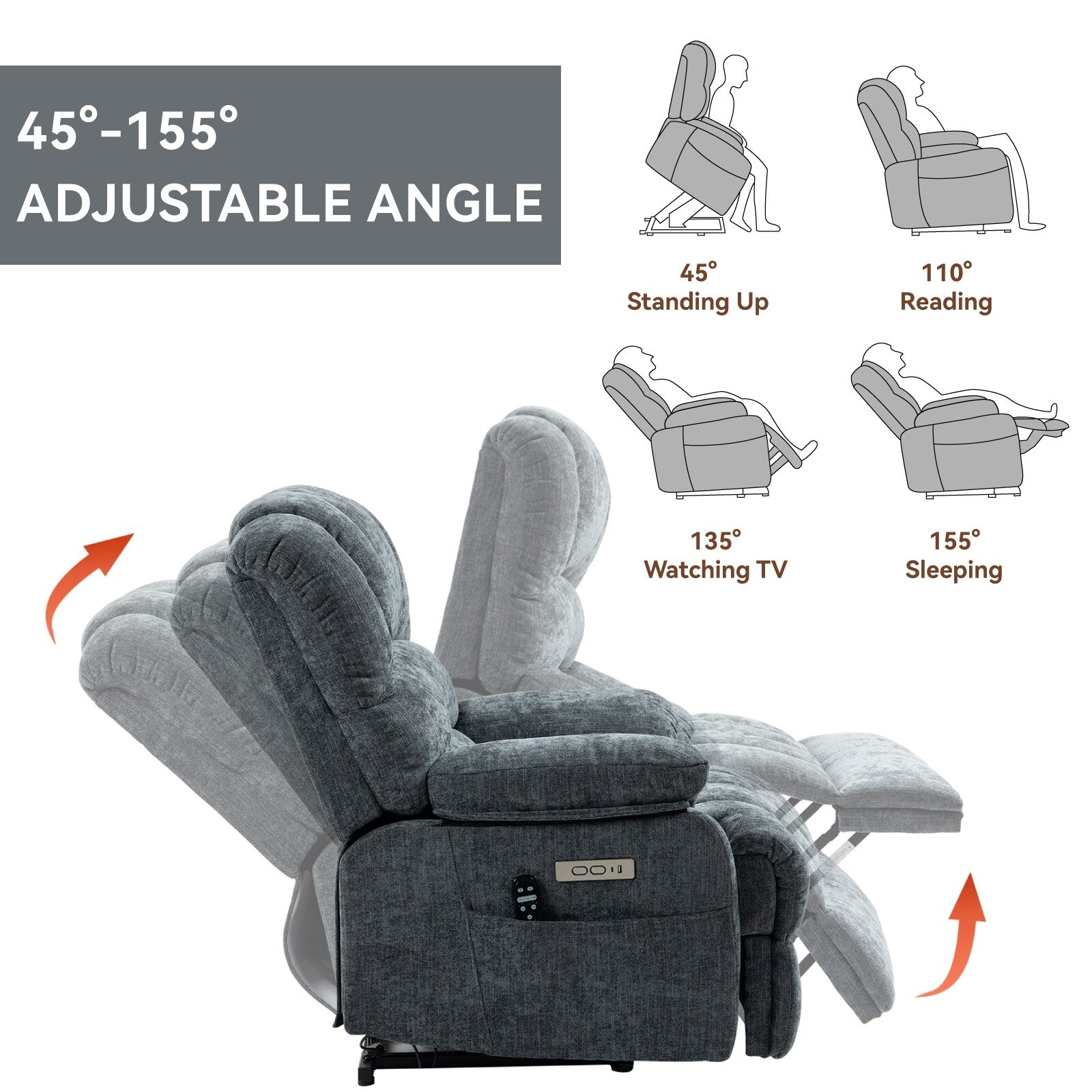 Fauteuil inclinable électrique à large dossier et à large assise (23 pouces) en chenille, avec massage vibratoire à 8 points et chauffage lombaire.