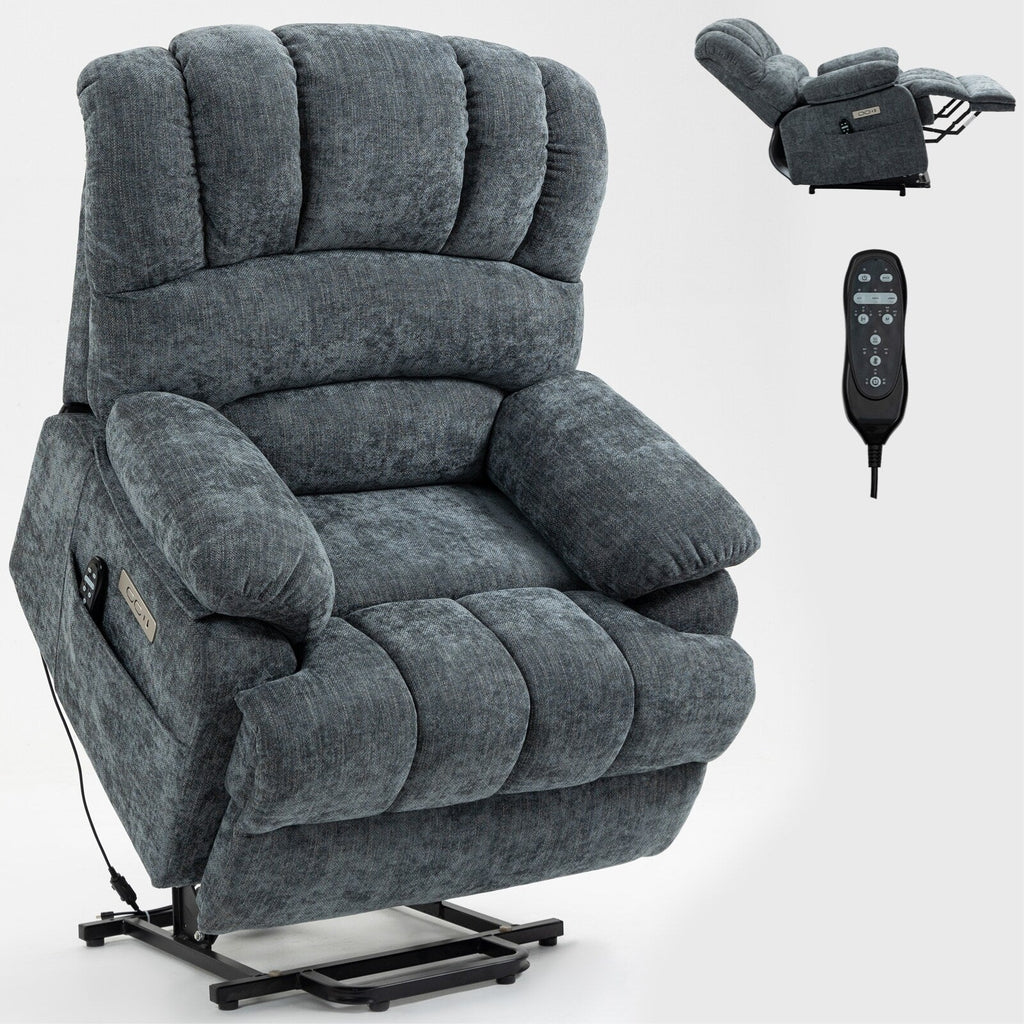 Fauteuil inclinable électrique à large dossier et à large assise (23 pouces) en chenille, avec massage vibratoire à 8 points et chauffage lombaire.