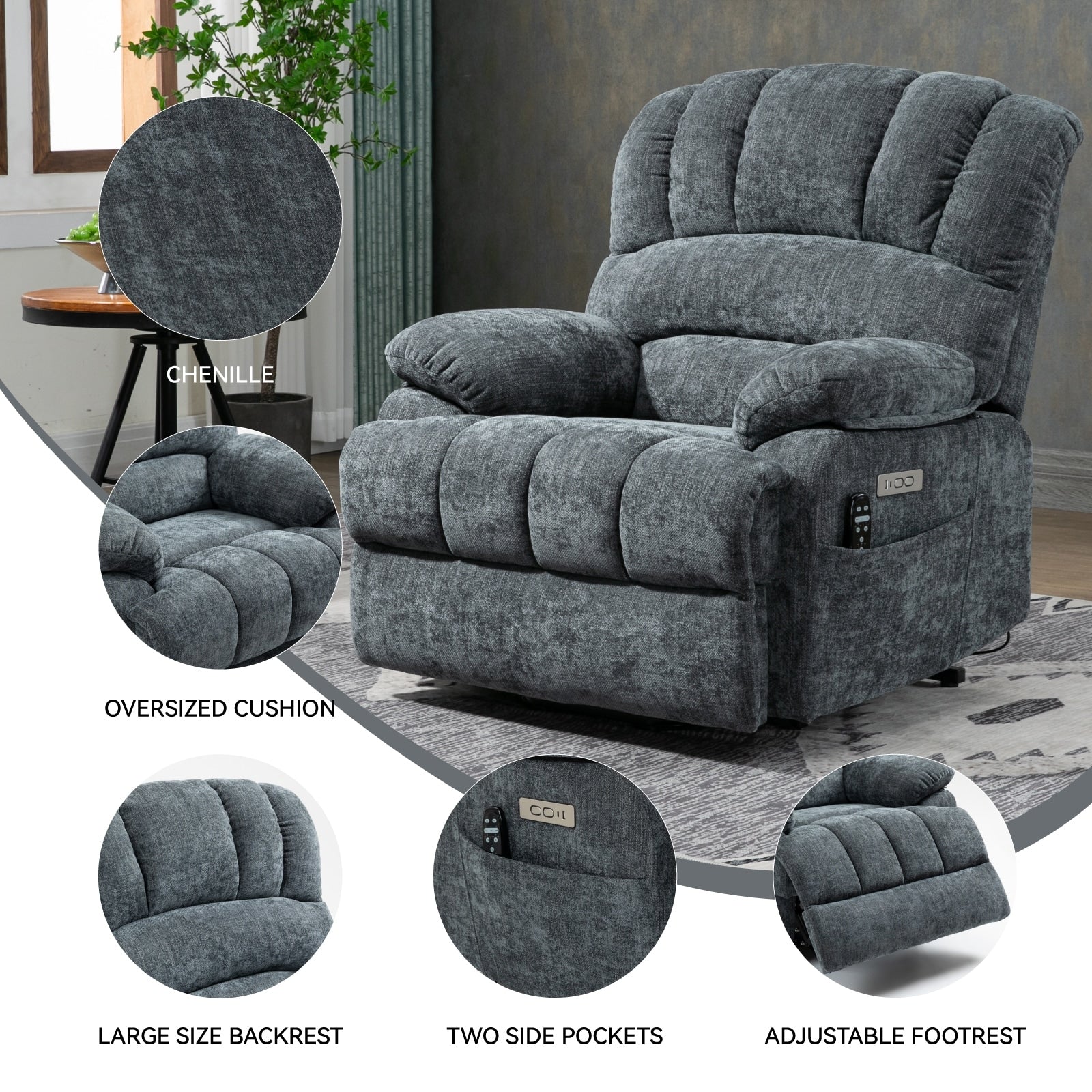 Fauteuil inclinable électrique à large dossier et à large assise (23 pouces) en chenille, avec massage vibratoire à 8 points et chauffage lombaire.