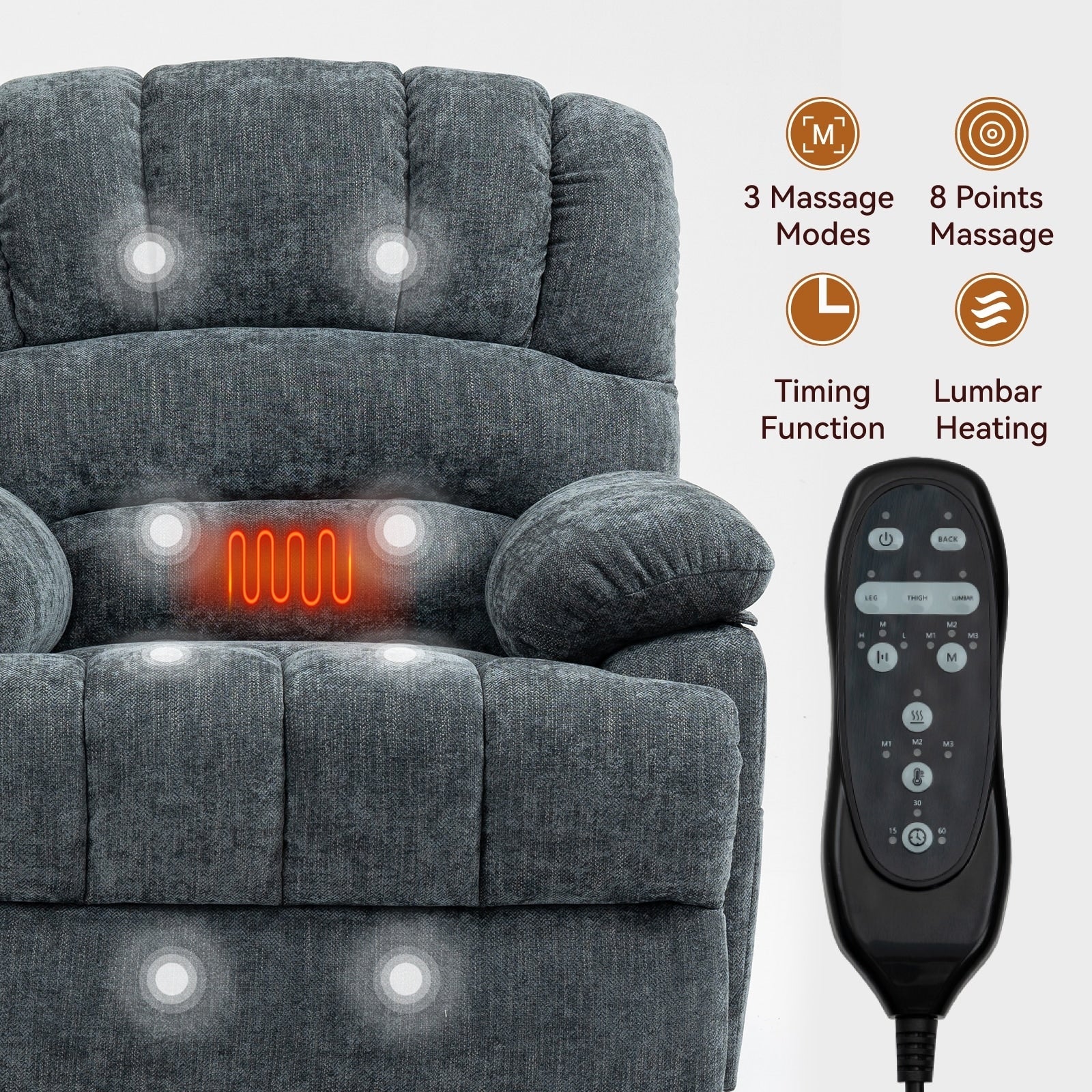 Fauteuil inclinable électrique à large dossier et à large assise (23 pouces) en chenille, avec massage vibratoire à 8 points et chauffage lombaire.