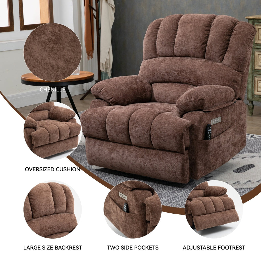 Fauteuil inclinable électrique à large dossier et à large assise (23 pouces) en chenille, avec massage vibratoire à 8 points et chauffage lombaire.