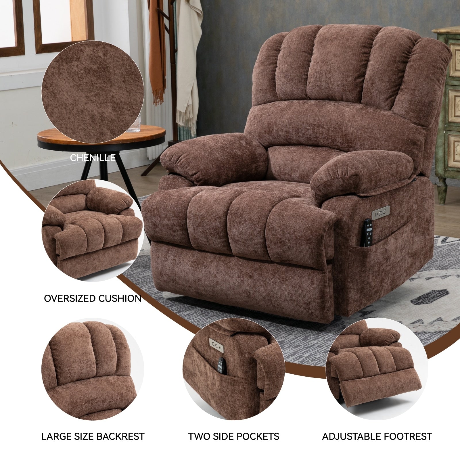 Fauteuil inclinable électrique à large dossier et à large assise (23 pouces) en chenille, avec massage vibratoire à 8 points et chauffage lombaire.