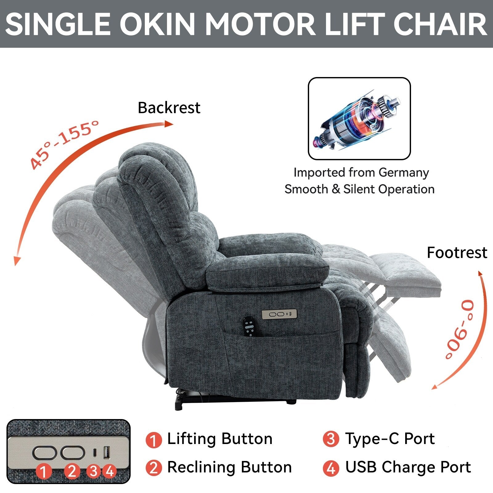 Fauteuil inclinable électrique à large dossier et à large assise (23 pouces) en chenille, avec massage vibratoire à 8 points et chauffage lombaire.