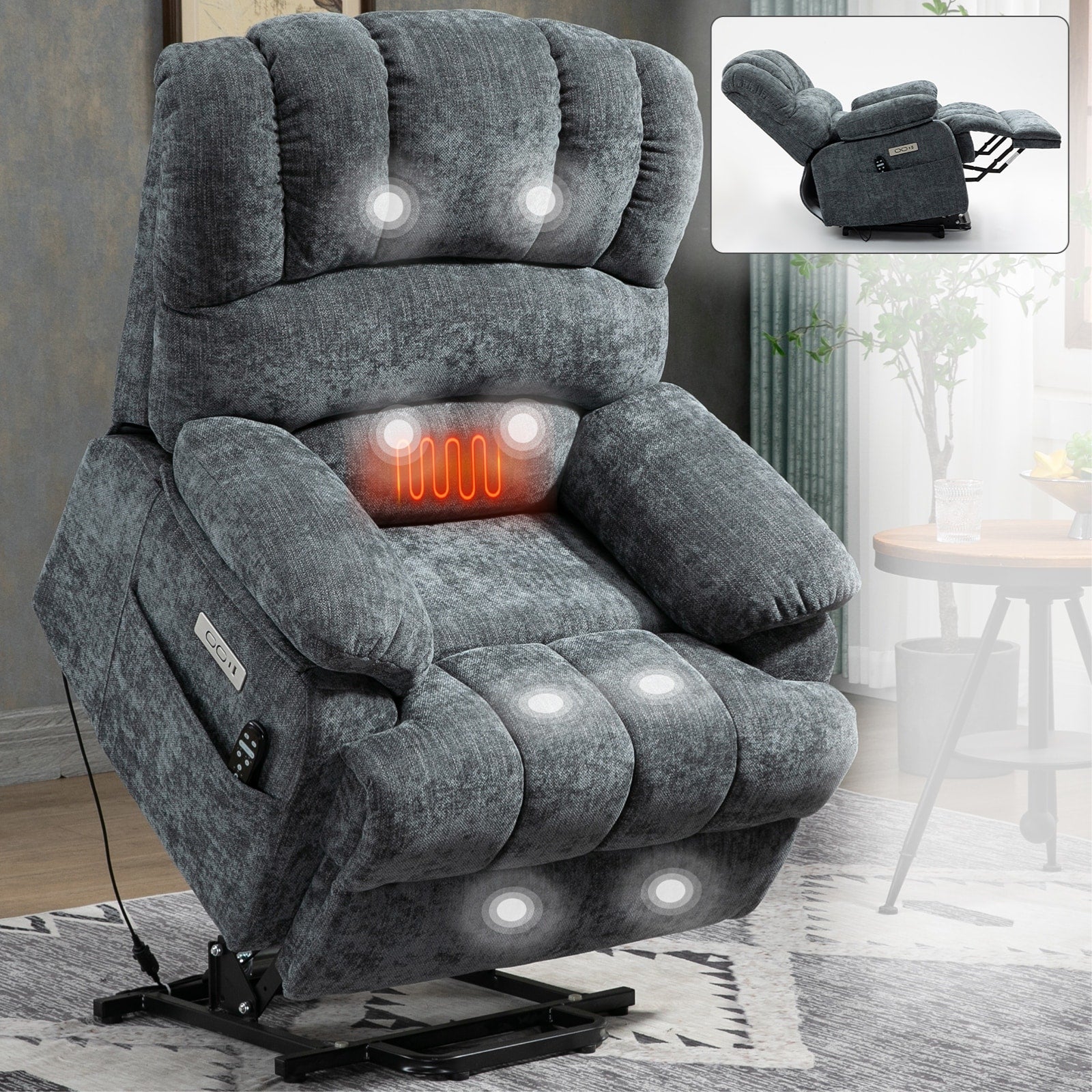 Fauteuil inclinable électrique à large dossier et à large assise (23 pouces) en chenille, avec massage vibratoire à 8 points et chauffage lombaire.