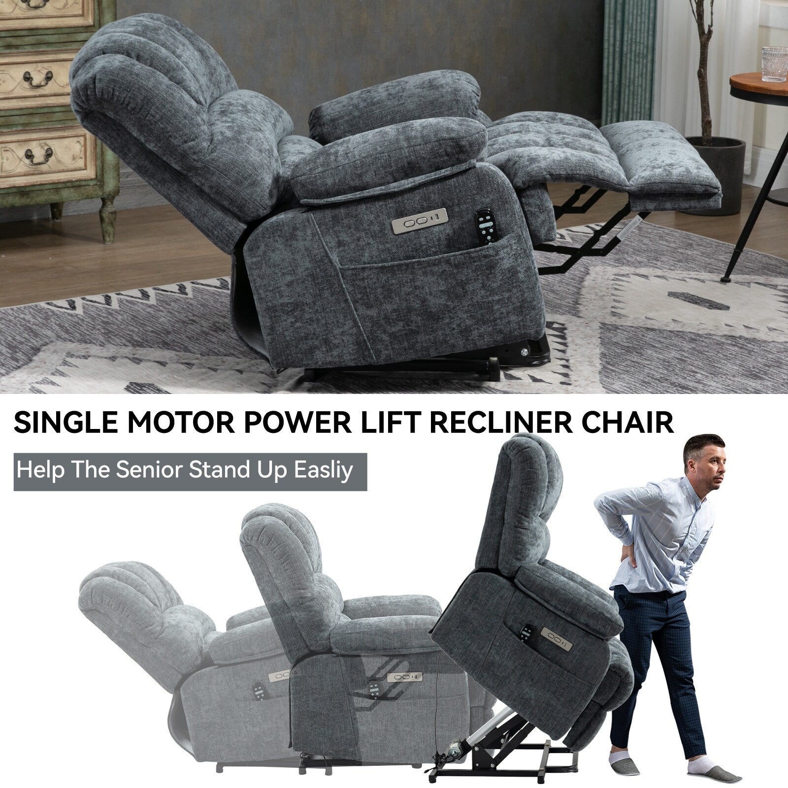 Fauteuil inclinable électrique à large dossier et à large assise (23 pouces) en chenille, avec massage vibratoire à 8 points et chauffage lombaire.