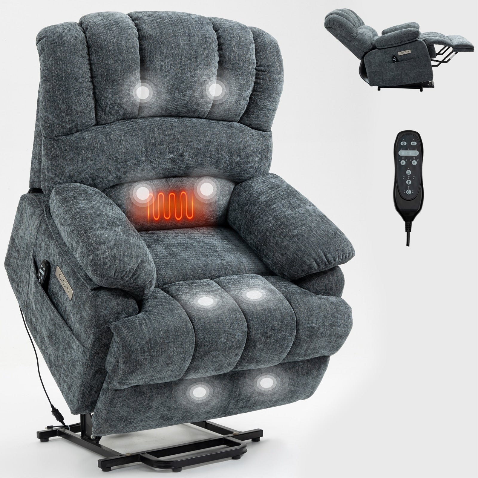 Fauteuil inclinable électrique à large dossier et à large assise (23 pouces) en chenille, avec massage vibratoire à 8 points et chauffage lombaire.