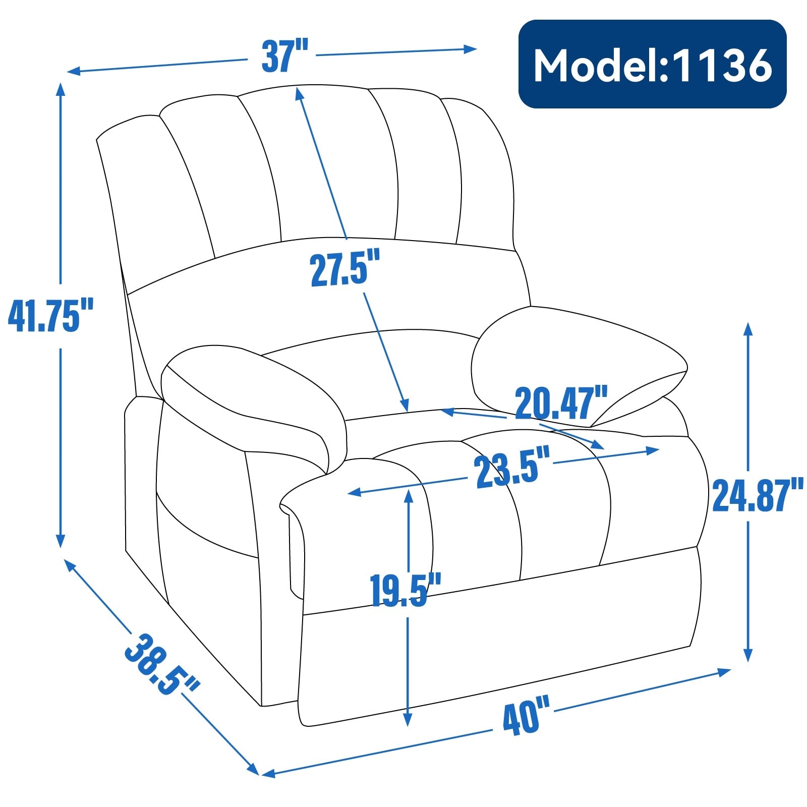 Fauteuil inclinable électrique à large dossier et à large assise (23 pouces) en chenille, avec massage vibratoire à 8 points et chauffage lombaire.