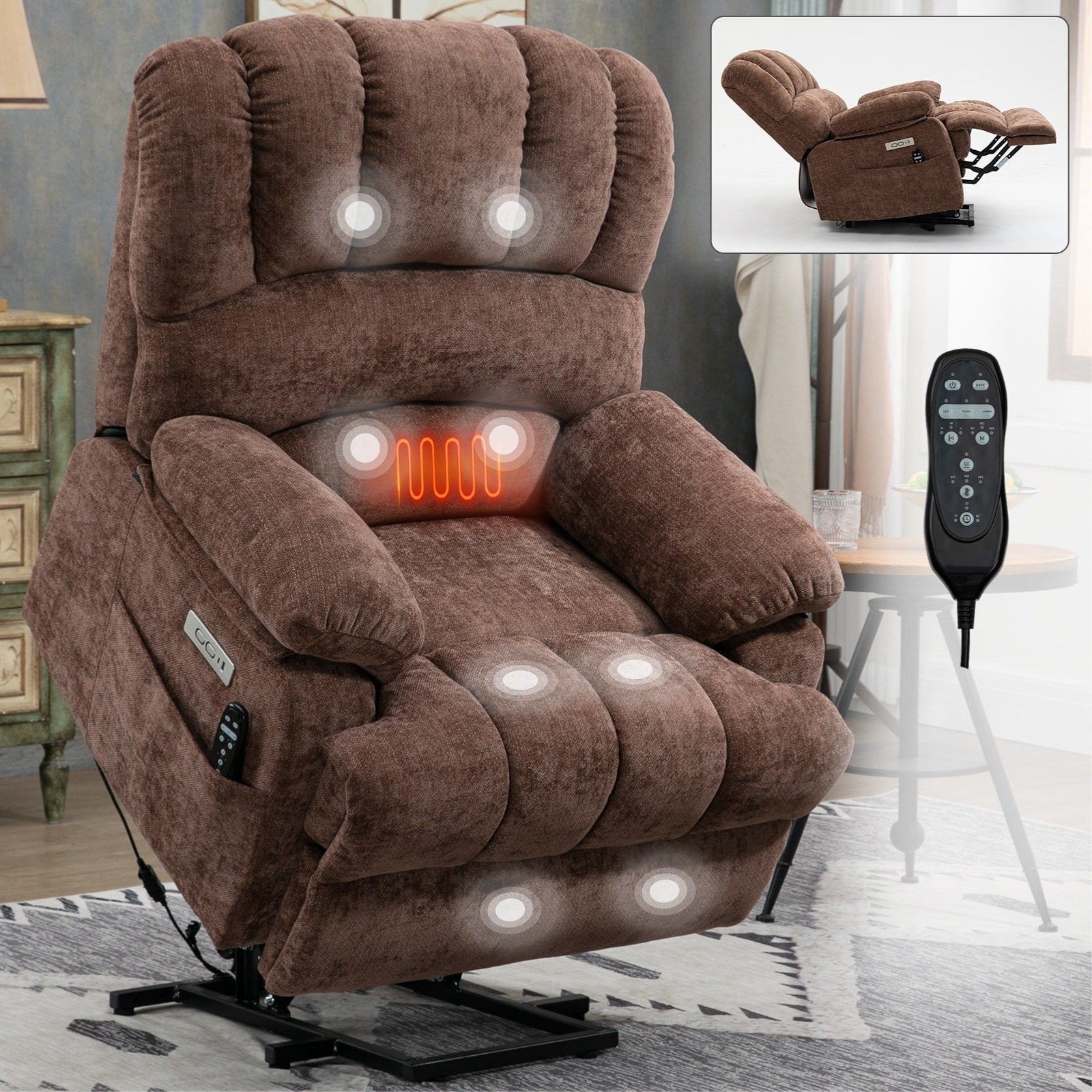 Fauteuil inclinable électrique à large dossier et à large assise (23 pouces) en chenille, avec massage vibratoire à 8 points et chauffage lombaire.