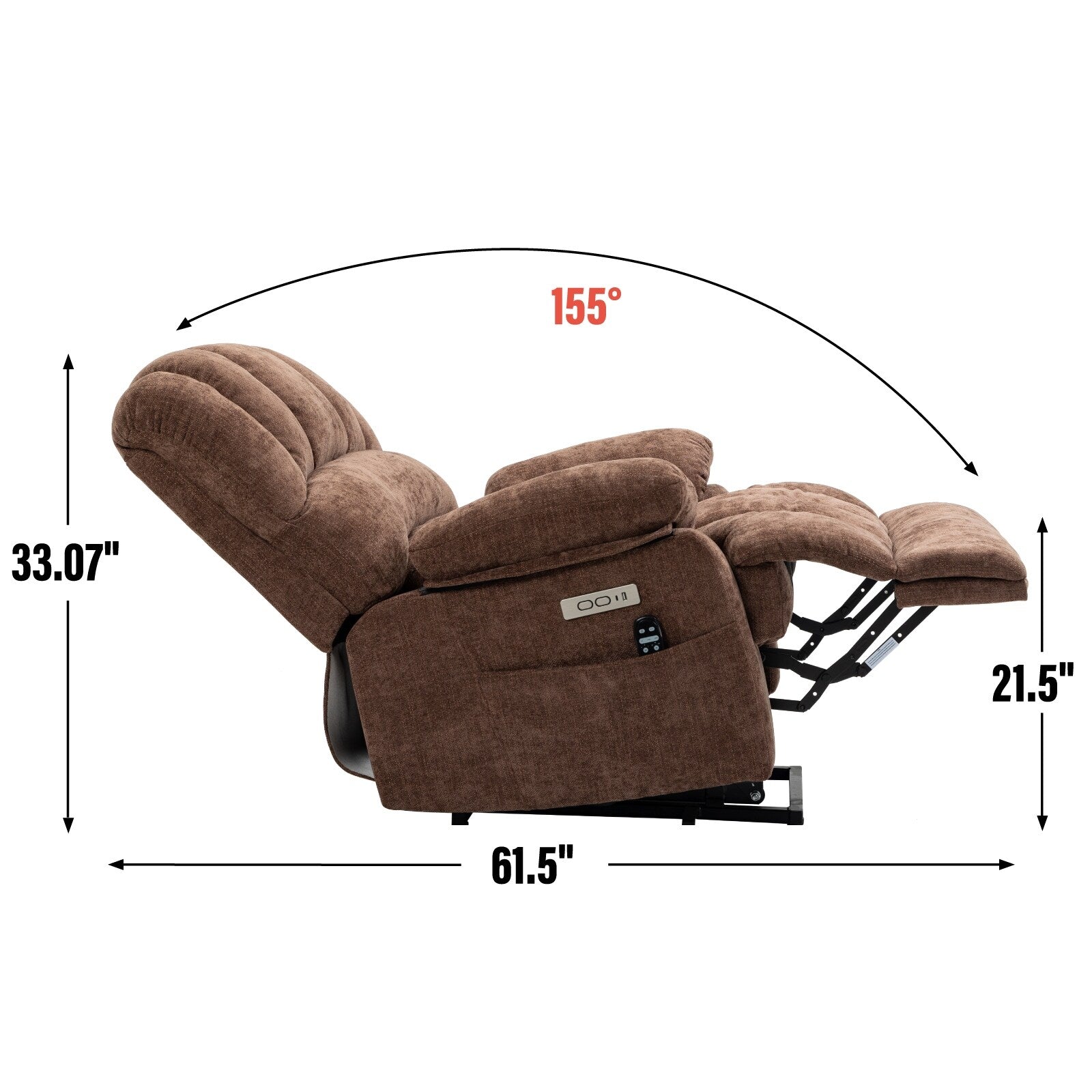 Fauteuil inclinable électrique à large dossier et à large assise (23 pouces) en chenille, avec massage vibratoire à 8 points et chauffage lombaire.