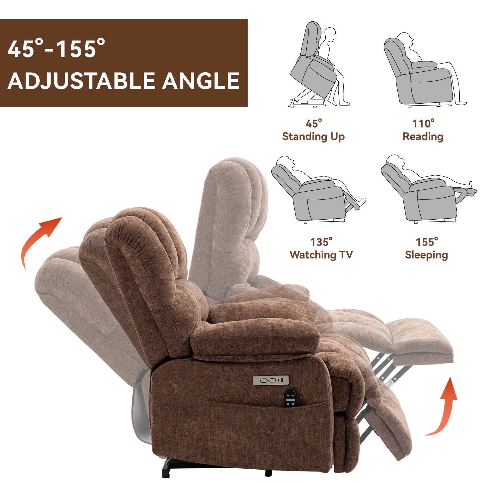 Fauteuil inclinable électrique à large dossier et à large assise (23 pouces) en chenille, avec massage vibratoire à 8 points et chauffage lombaire.