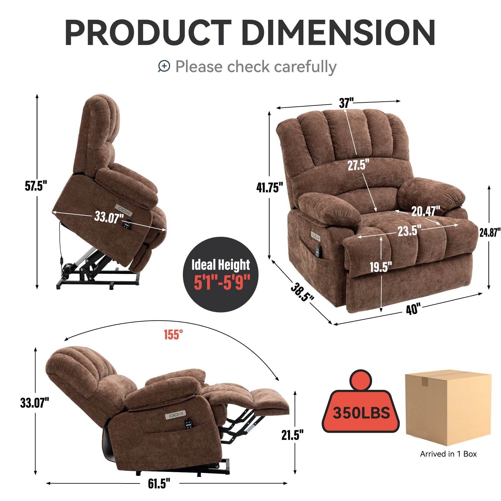 Fauteuil inclinable électrique à large dossier et à large assise (23 pouces) en chenille, avec massage vibratoire à 8 points et chauffage lombaire.