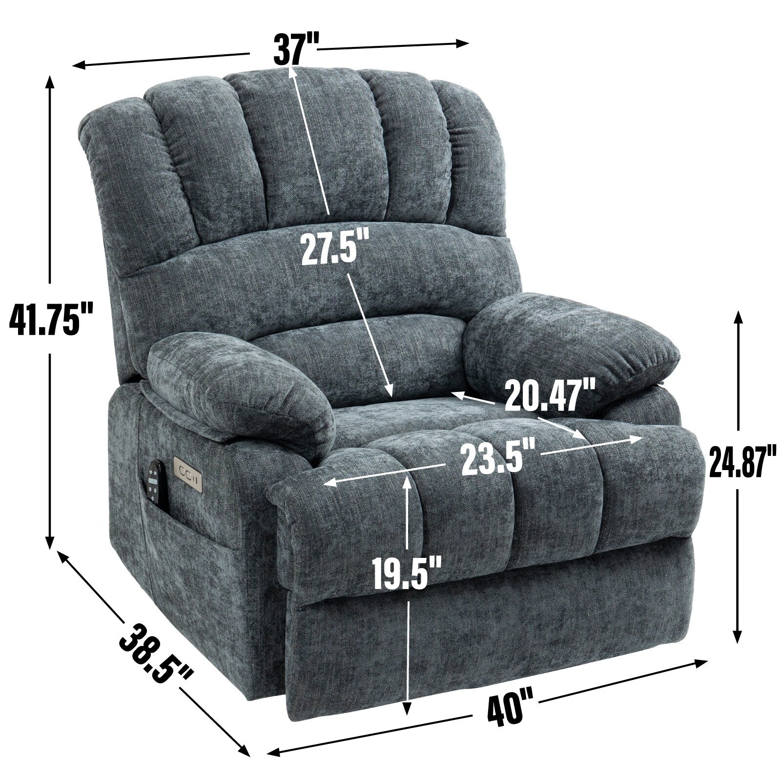Fauteuil inclinable électrique à large dossier et à large assise (23 pouces) en chenille, avec massage vibratoire à 8 points et chauffage lombaire.