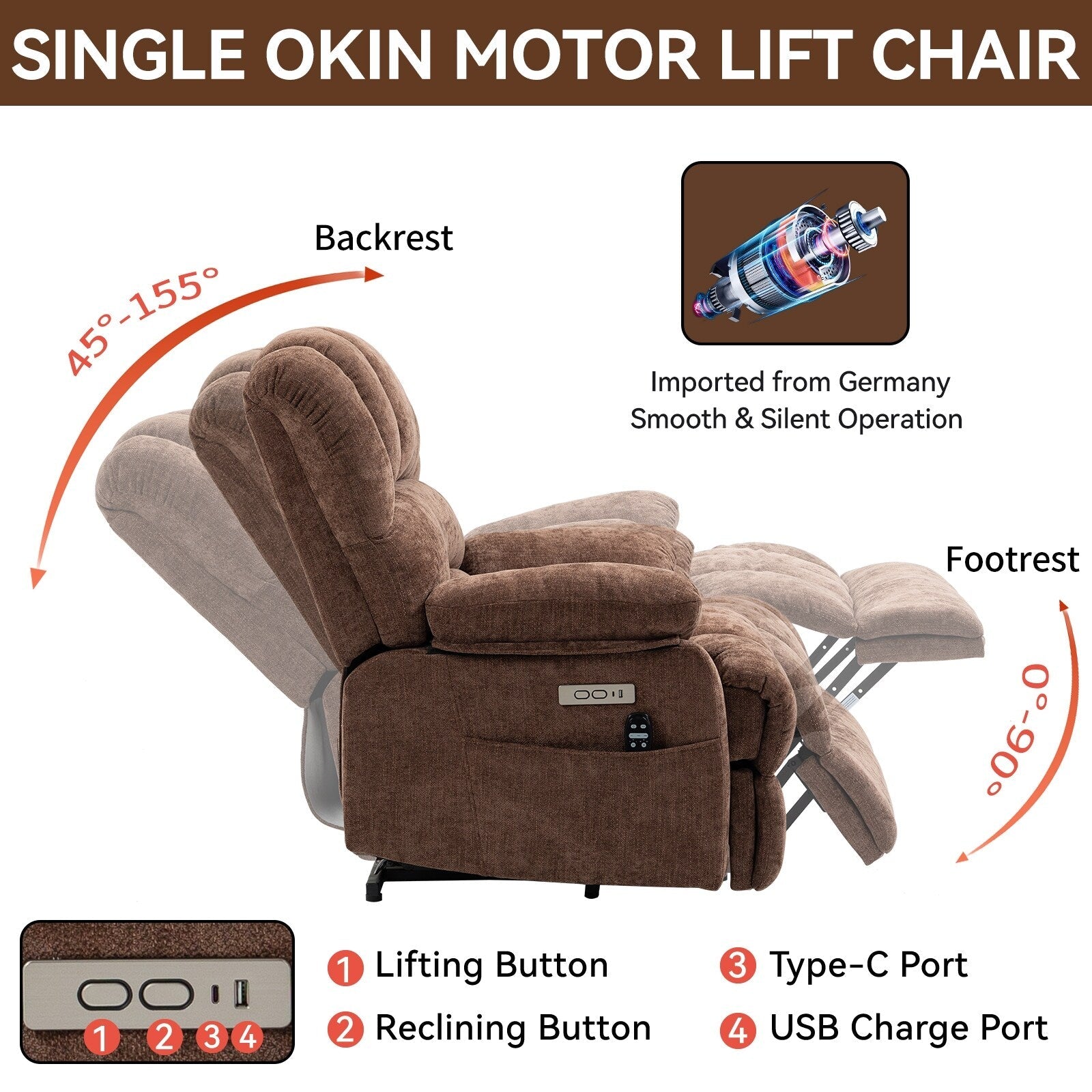 Fauteuil inclinable électrique à large dossier et à large assise (23 pouces) en chenille, avec massage vibratoire à 8 points et chauffage lombaire.