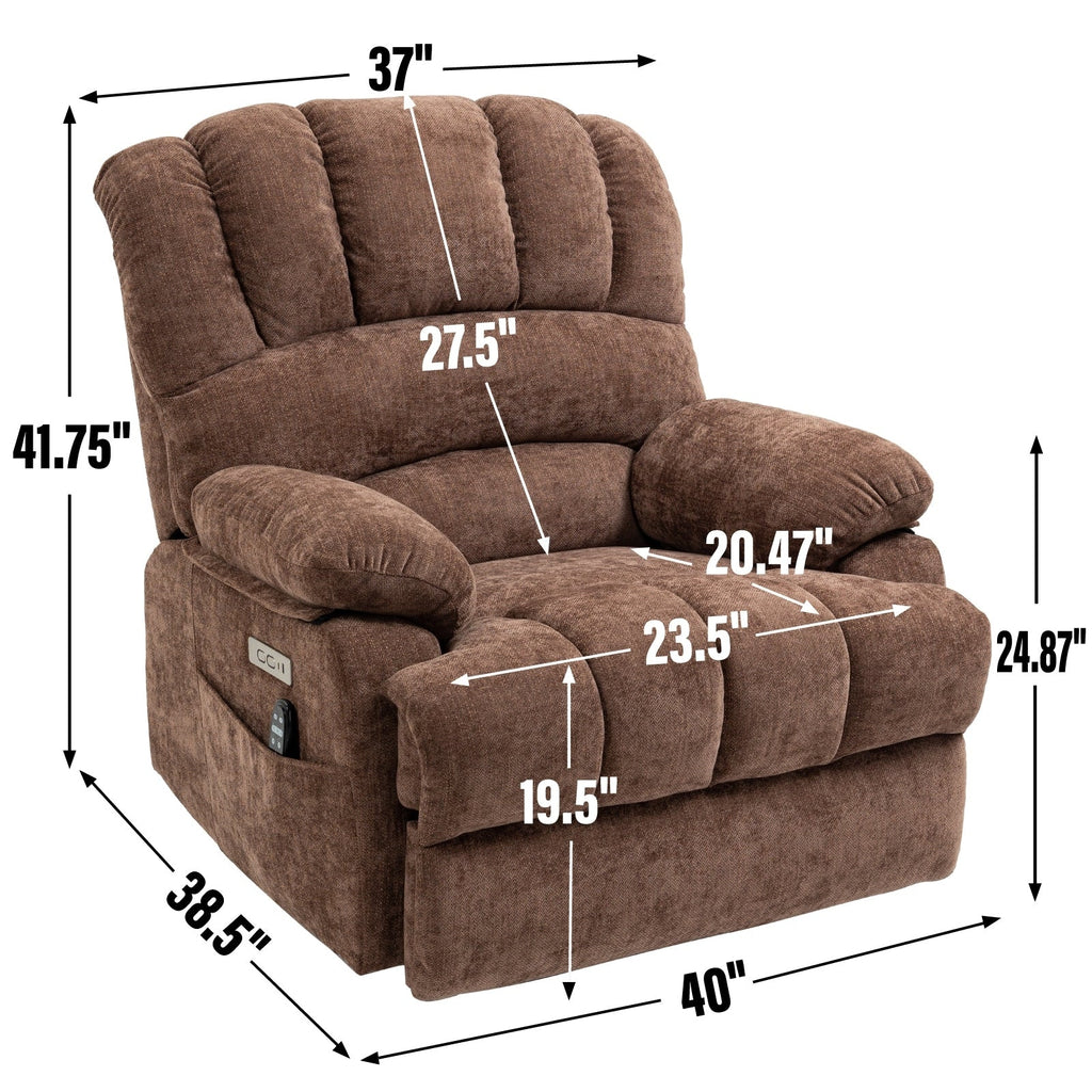 Fauteuil inclinable électrique à large dossier et à large assise (23 pouces) en chenille, avec massage vibratoire à 8 points et chauffage lombaire.