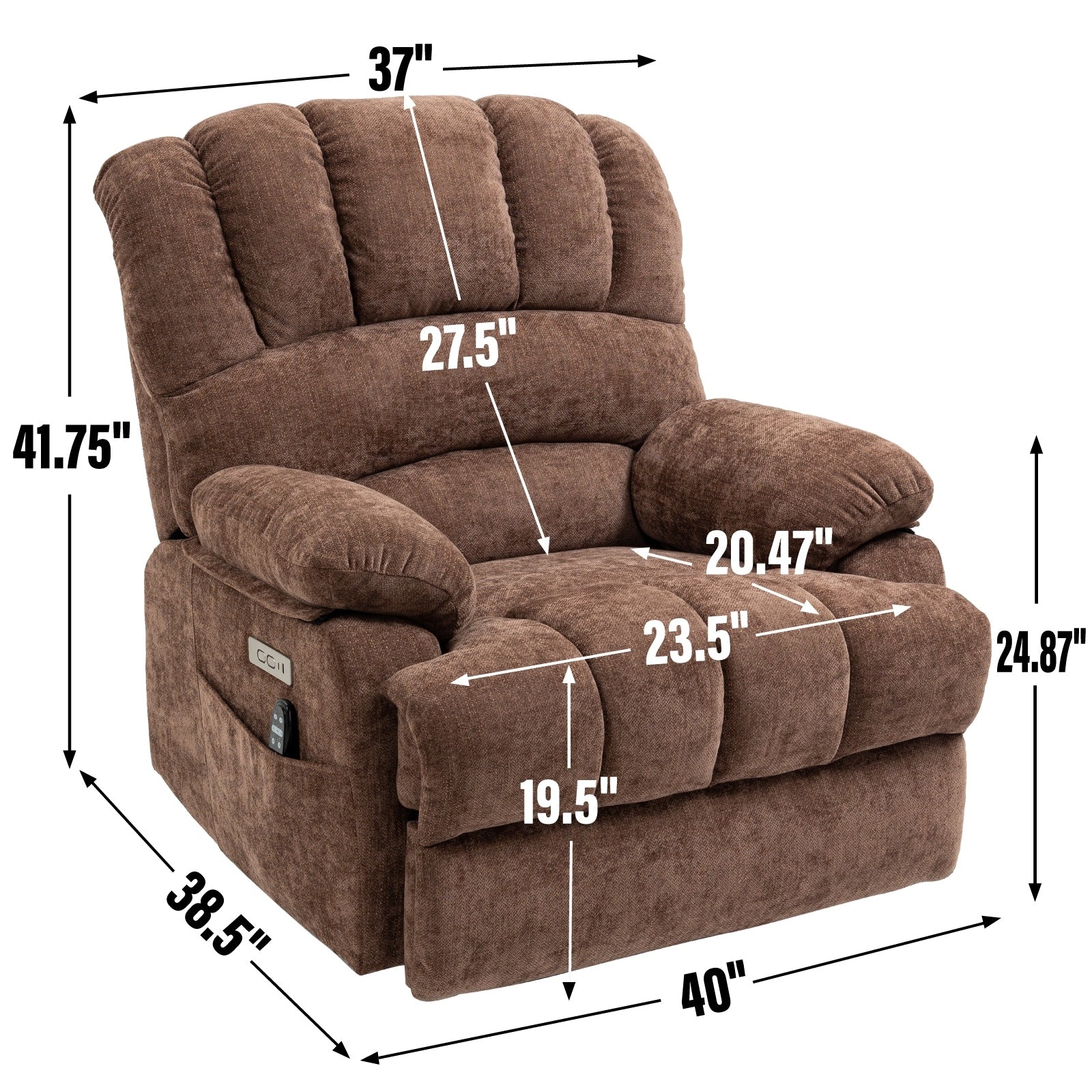 Fauteuil inclinable électrique à large dossier et à large assise (23 pouces) en chenille, avec massage vibratoire à 8 points et chauffage lombaire.