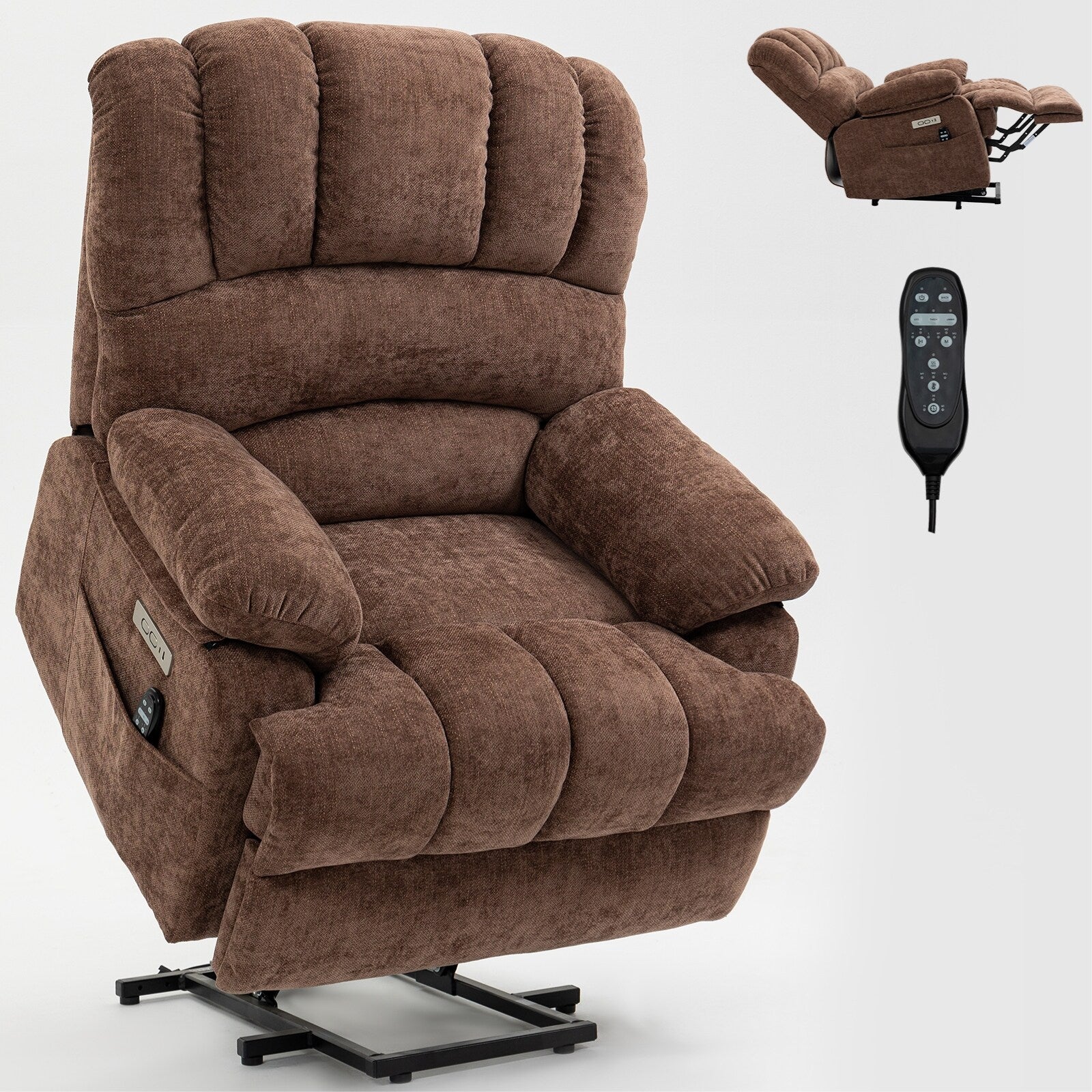 Fauteuil inclinable électrique à large dossier et à large assise (23 pouces) en chenille, avec massage vibratoire à 8 points et chauffage lombaire.
