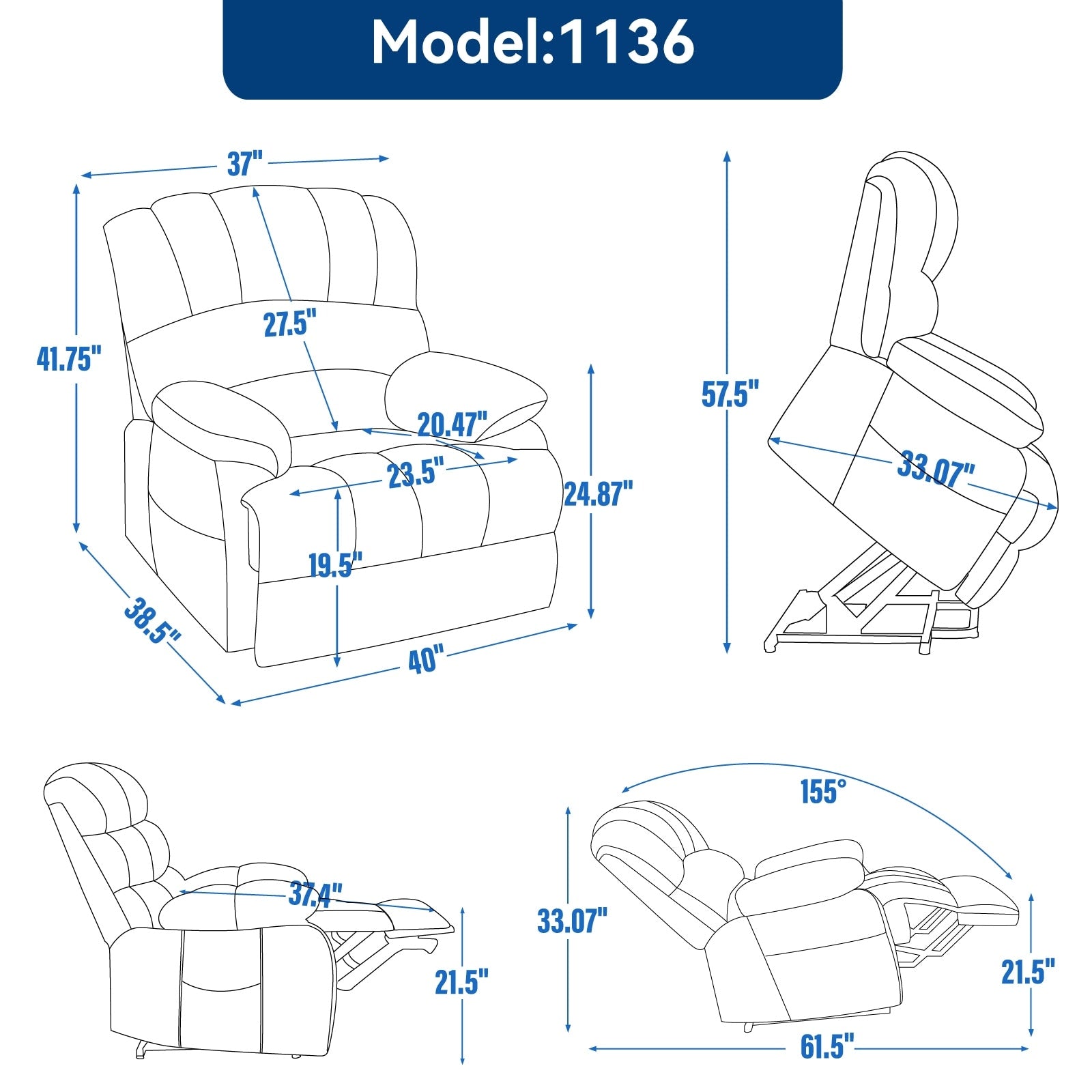Fauteuil inclinable électrique à large dossier et à large assise (23 pouces) en chenille, avec massage vibratoire à 8 points et chauffage lombaire.