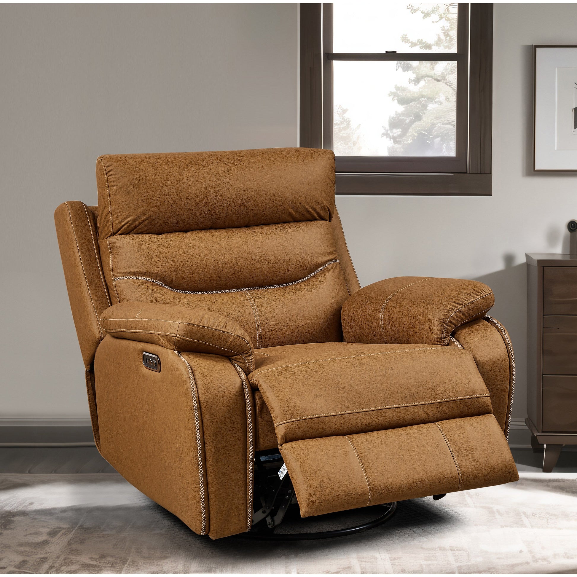 Fauteuil inclinable pivotant à 240° avec double moteur, appuie-tête électrique, positions d'inclinaison infinies, ports de charge USB et repose-pieds.