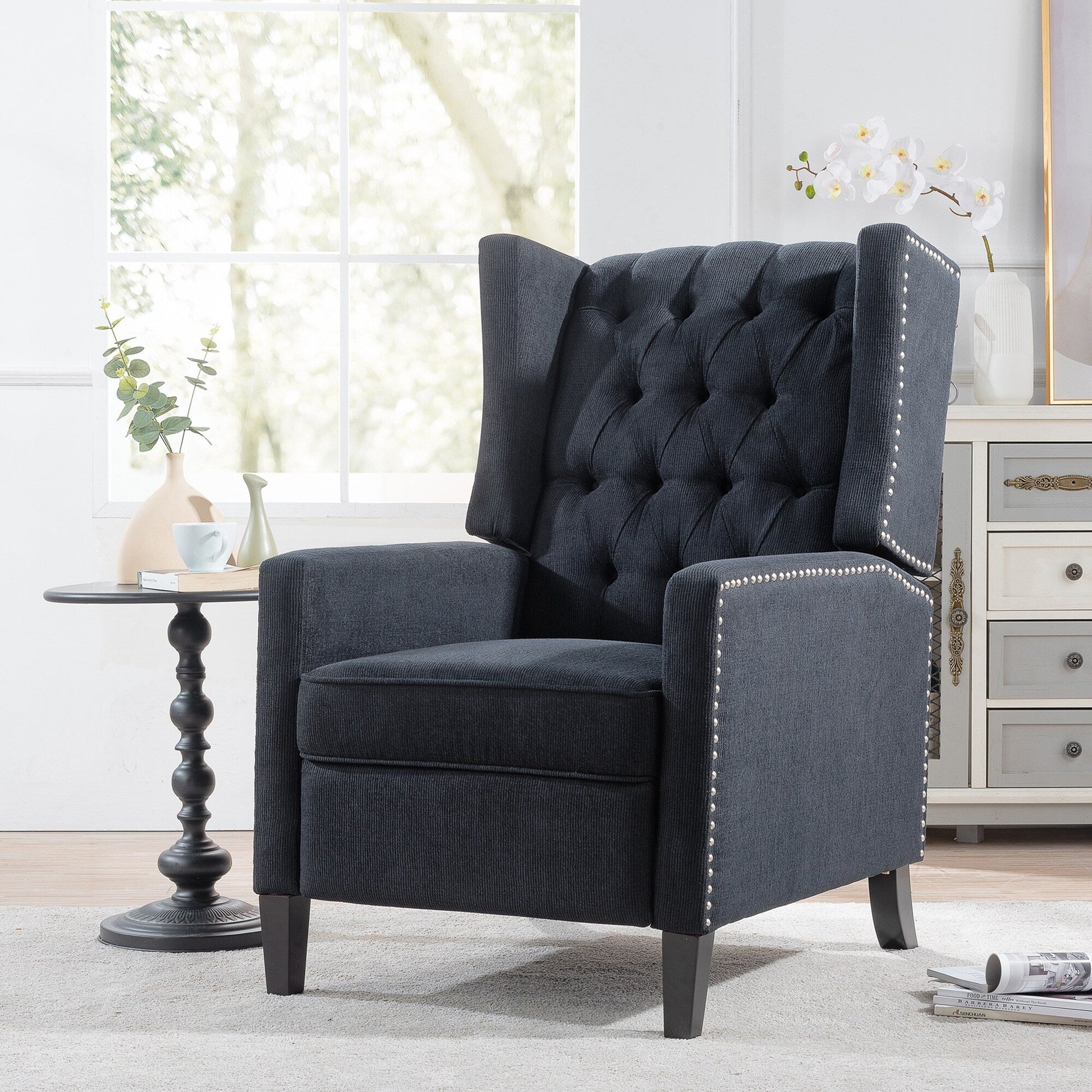 Fauteuil inclinable à dossier fixe en tissu, largeur 27,16 pouces, à commande manuelle.