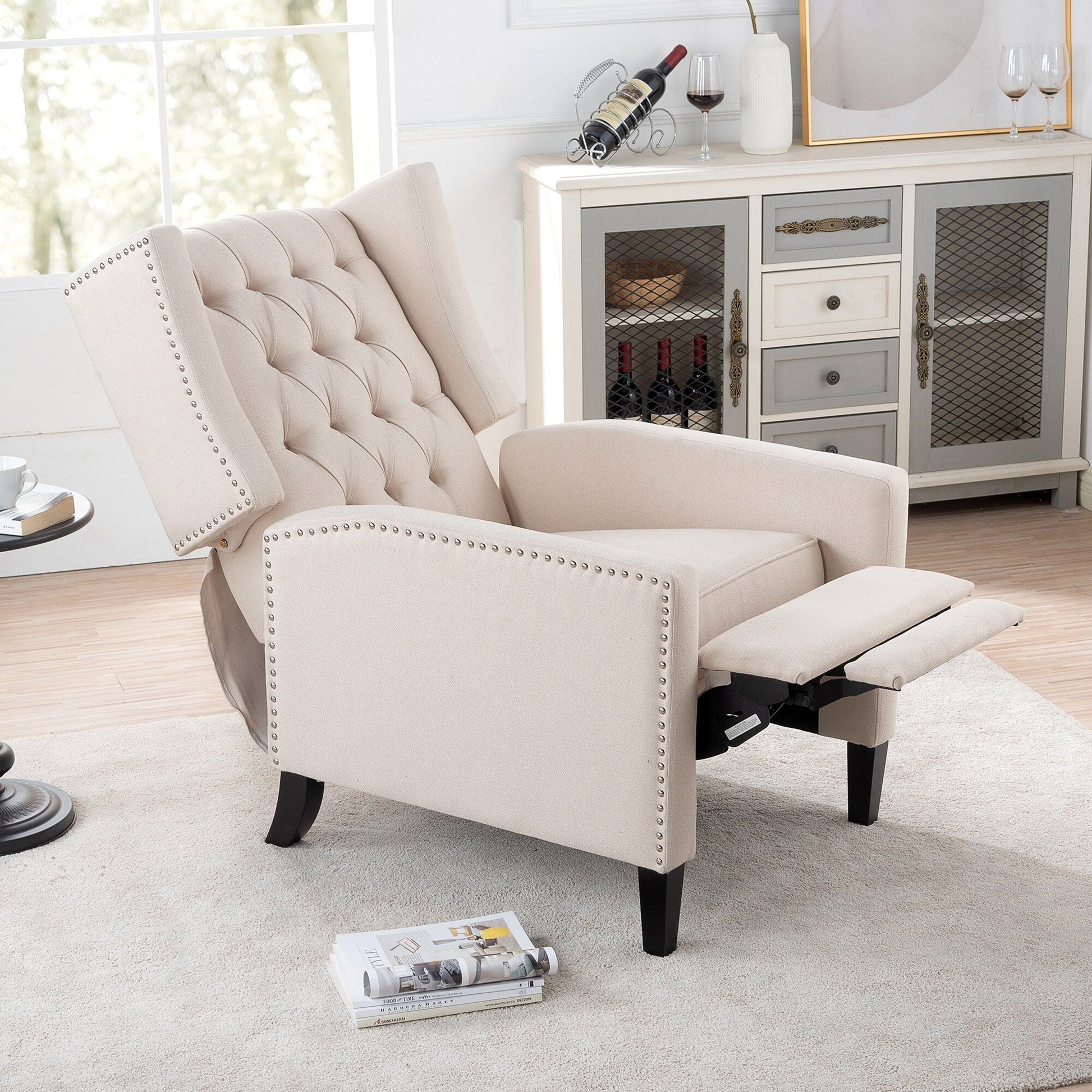 Fauteuil inclinable à dossier fixe en tissu, largeur 27,16 pouces, à commande manuelle.