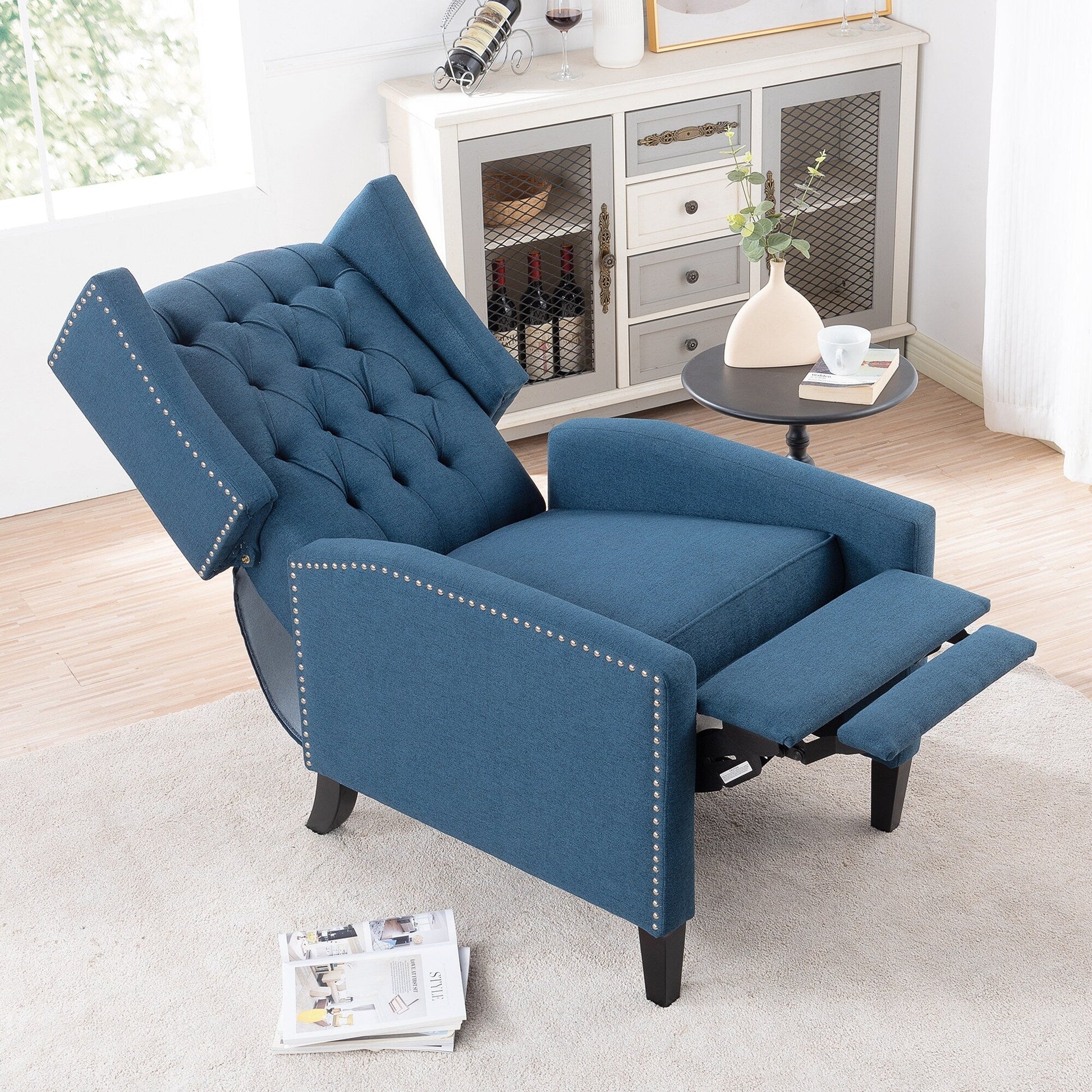 Fauteuil inclinable à dossier fixe en tissu, largeur 27,16 pouces, à commande manuelle.