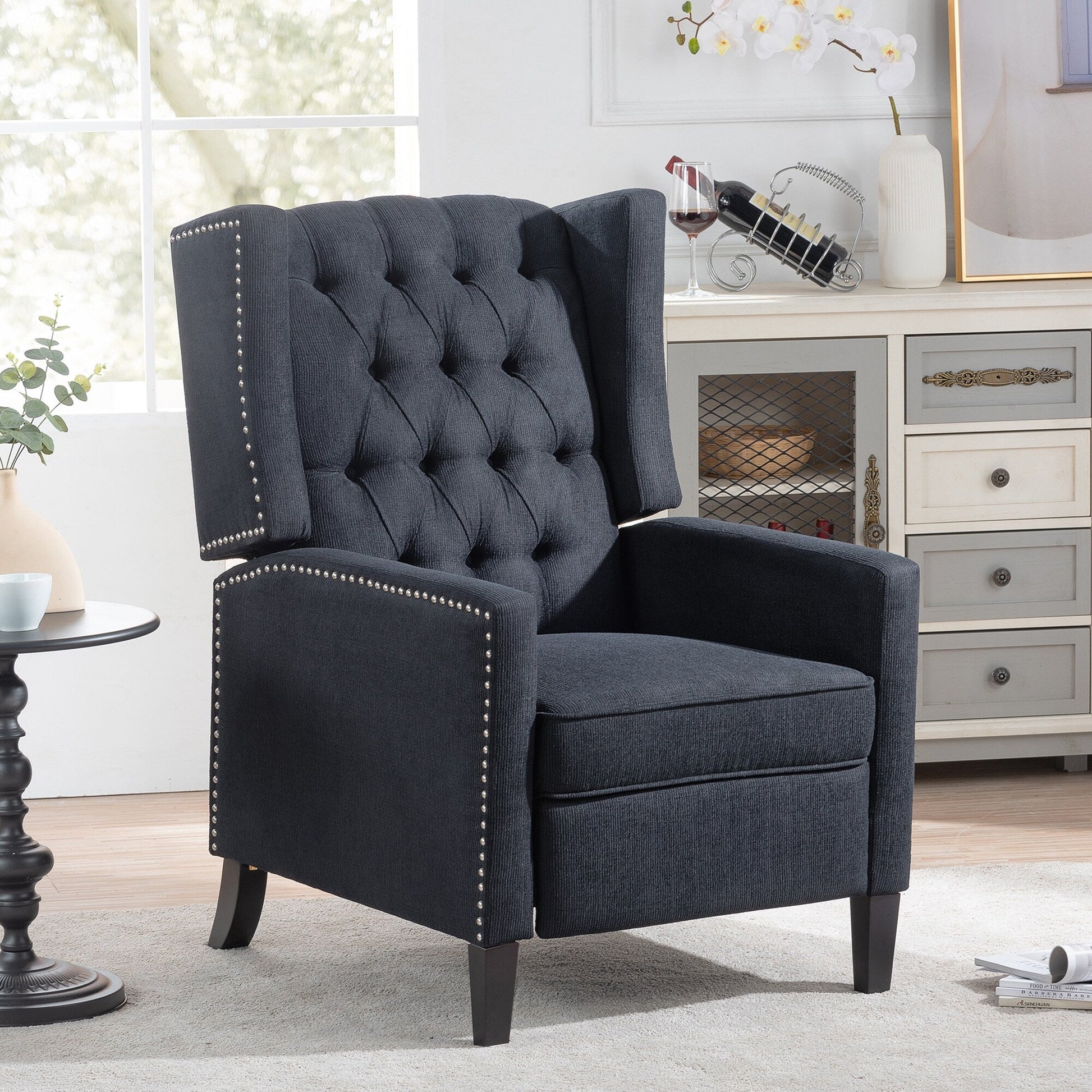 Fauteuil inclinable à dossier fixe en tissu, largeur 27,16 pouces, à commande manuelle.