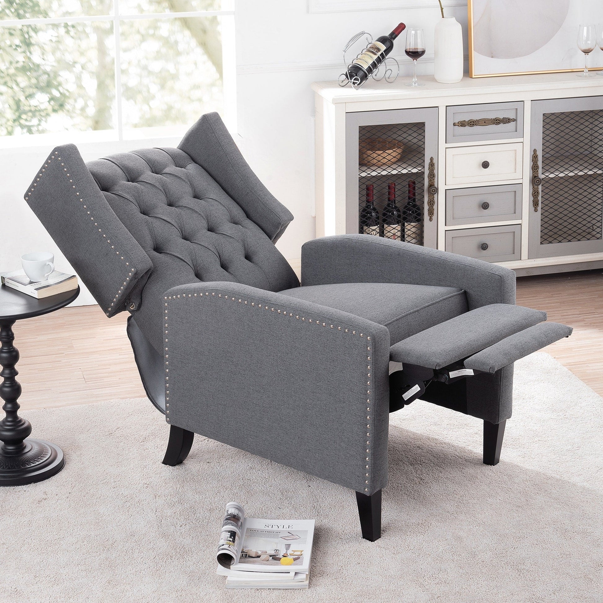 Fauteuil inclinable à dossier fixe en tissu, largeur 27,16 pouces, à commande manuelle.