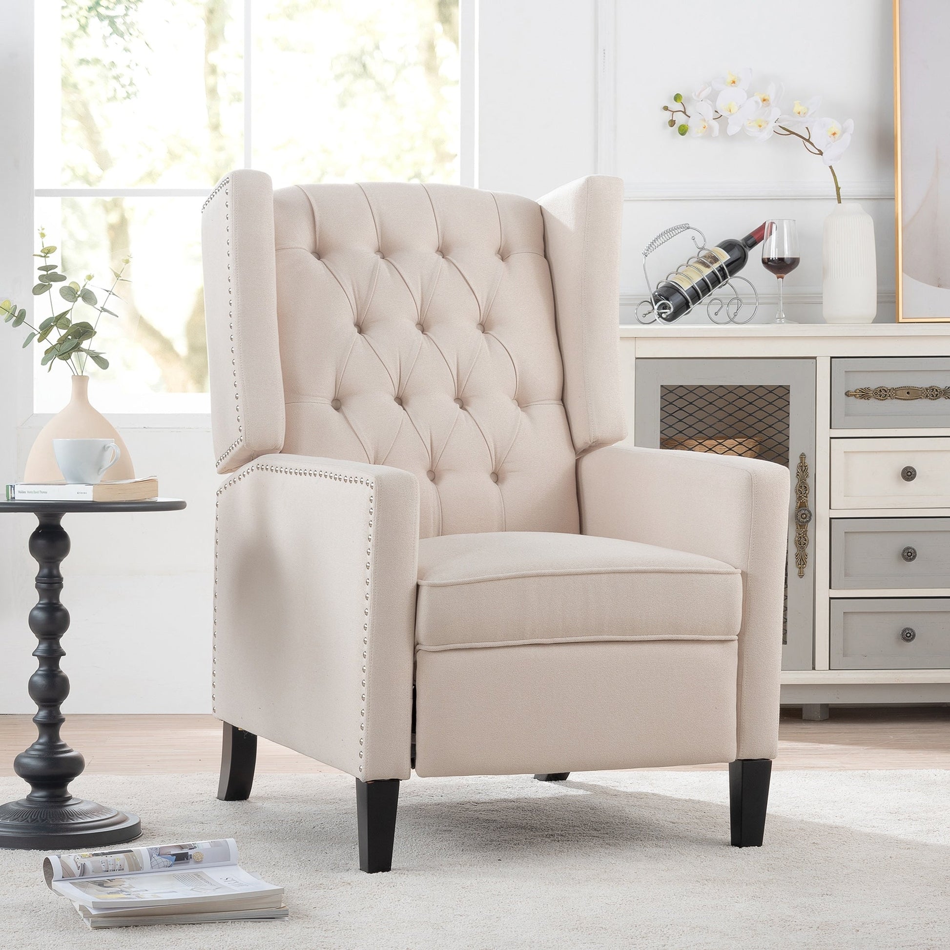 Fauteuil inclinable à dossier fixe en tissu, largeur 27,16 pouces, à commande manuelle.