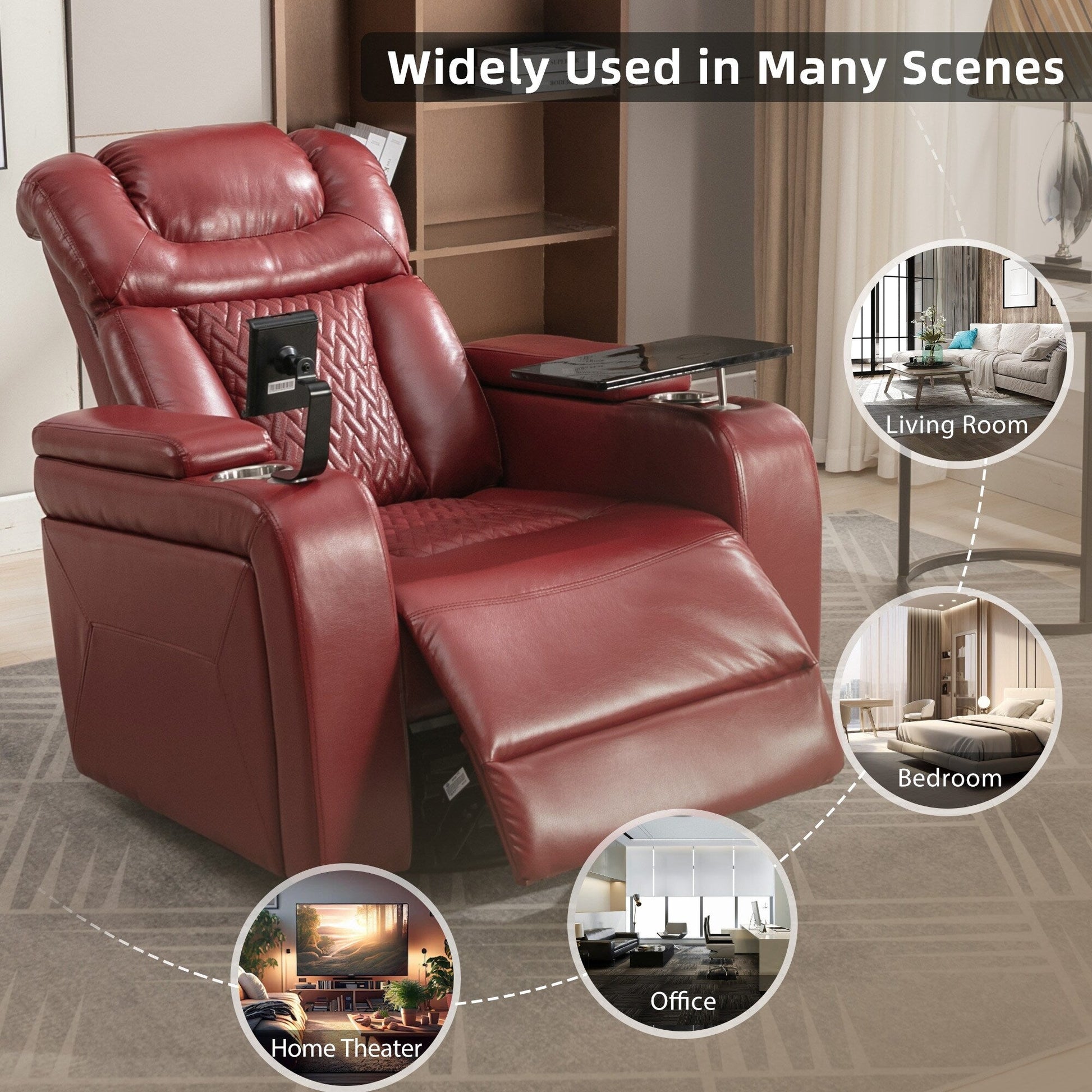Fauteuil inclinable électrique en cuir PU pivotant à 270 degrés, siège individuel pour home cinéma avec dossier confortable et plateau.
