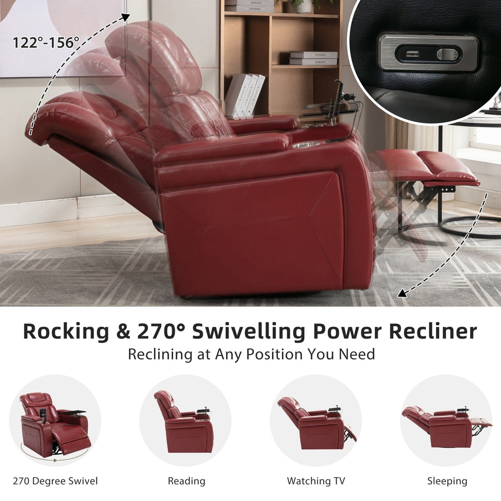 Fauteuil inclinable électrique en cuir PU pivotant à 270 degrés, siège individuel pour home cinéma avec dossier confortable et plateau.