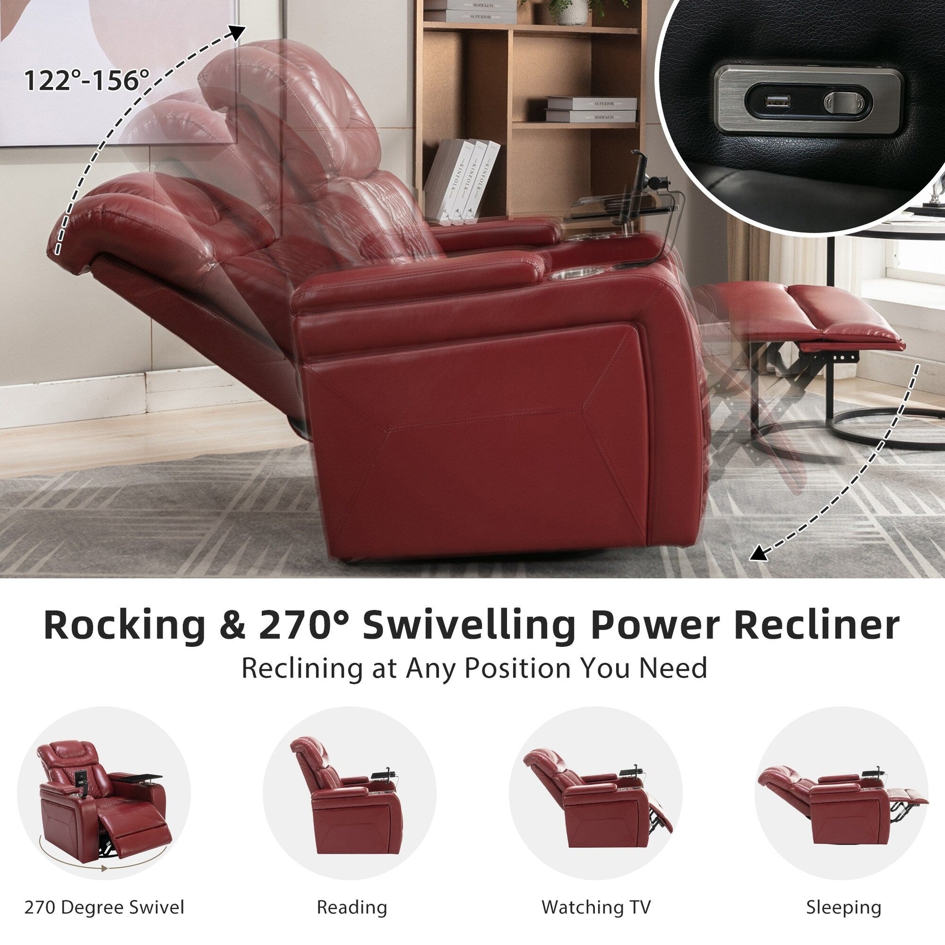 Fauteuil inclinable électrique en cuir PU pivotant à 270 degrés, siège individuel pour home cinéma avec dossier confortable et plateau.