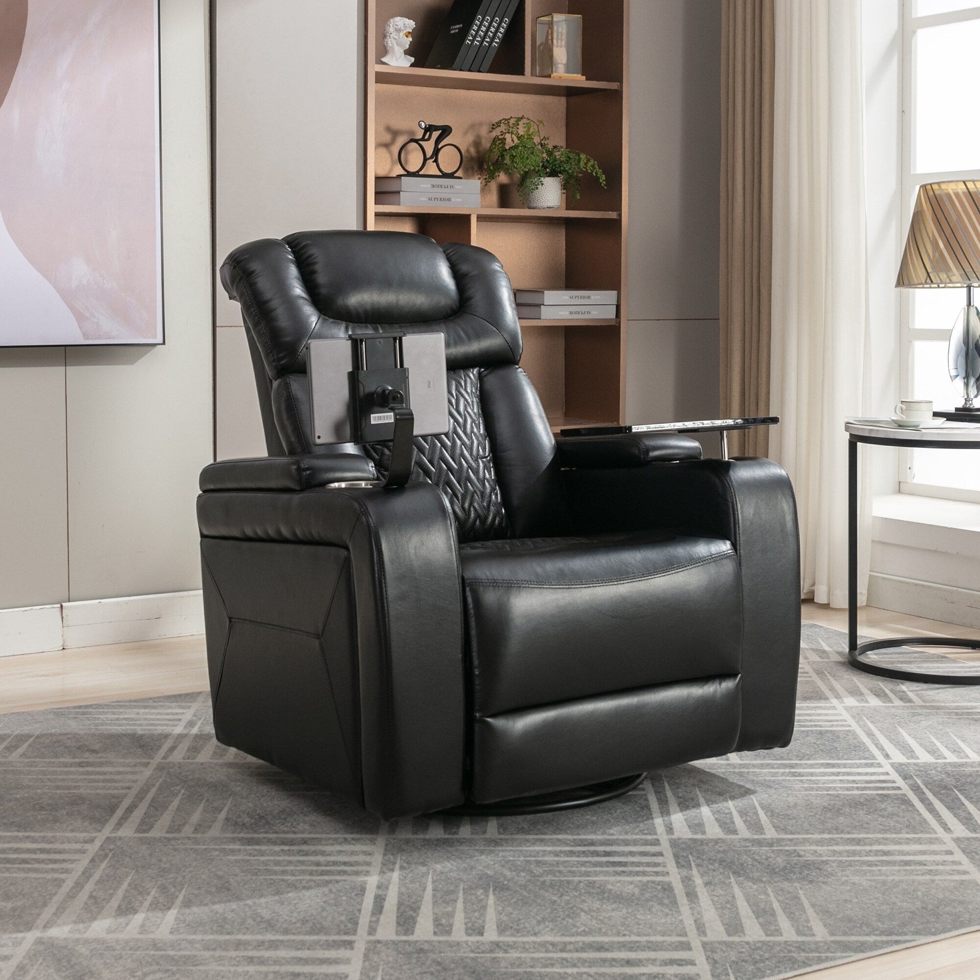 Fauteuil inclinable électrique en cuir PU pivotant à 270 degrés, siège individuel pour home cinéma avec dossier confortable et plateau.