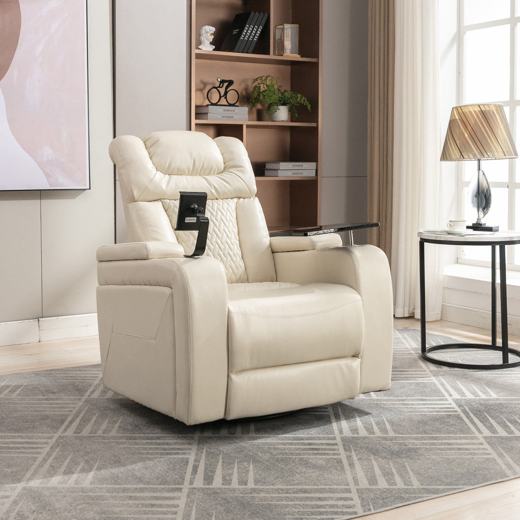 Fauteuil inclinable électrique en cuir PU pivotant à 270 degrés, siège individuel pour home cinéma avec dossier confortable et plateau.