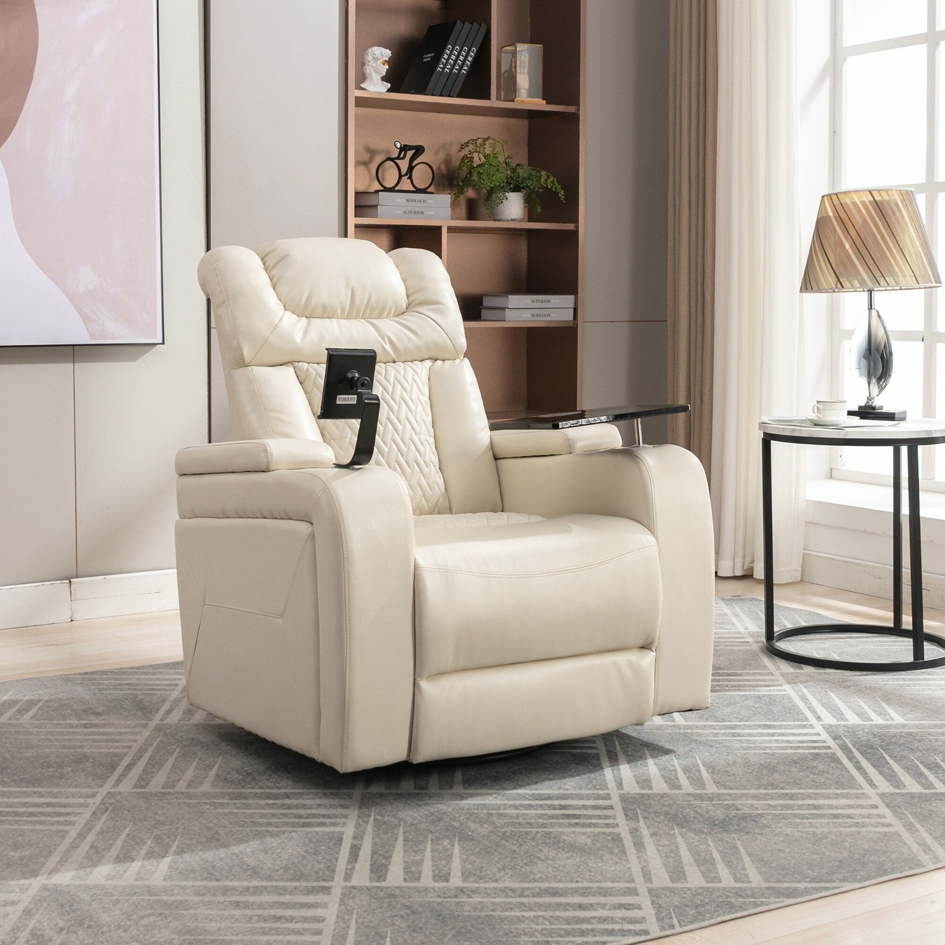 Fauteuil inclinable électrique en cuir PU pivotant à 270 degrés, siège individuel pour home cinéma avec dossier confortable et plateau.