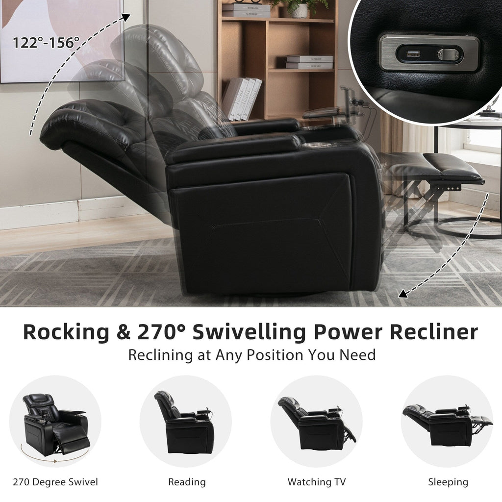 Fauteuil inclinable électrique en cuir PU pivotant à 270 degrés, siège individuel pour home cinéma avec dossier confortable et plateau.