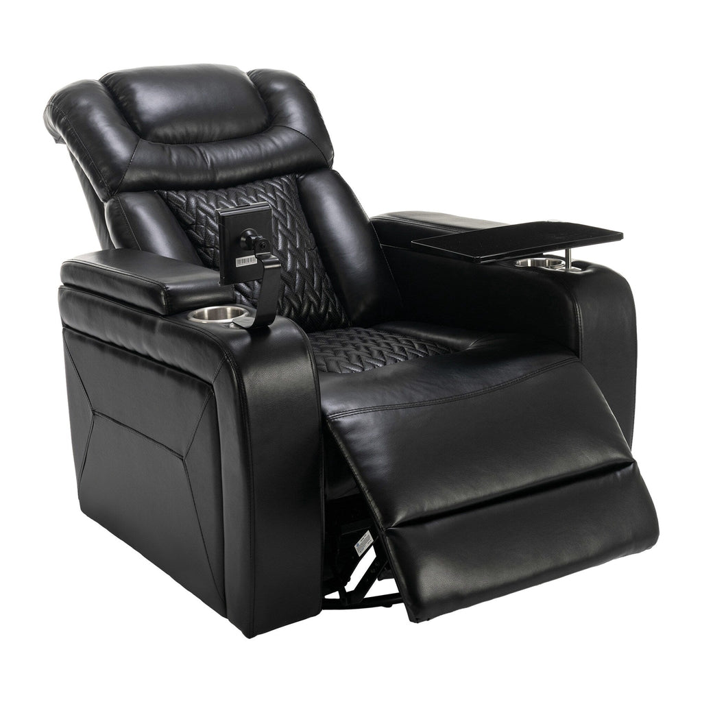 Fauteuil inclinable électrique en cuir PU pivotant à 270 degrés, siège individuel pour home cinéma avec dossier confortable et plateau.
