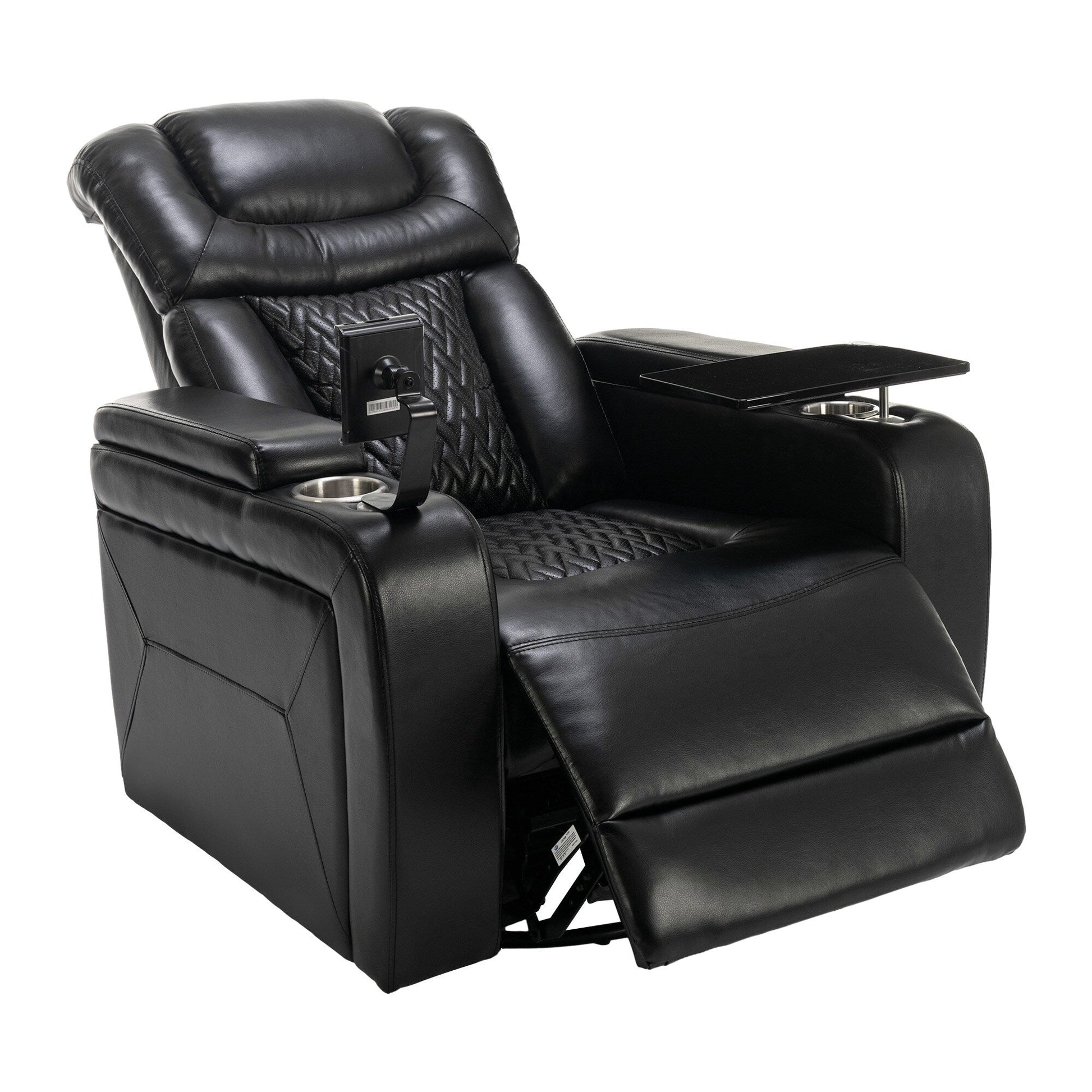 Fauteuil inclinable électrique en cuir PU pivotant à 270 degrés, siège individuel pour home cinéma avec dossier confortable et plateau.