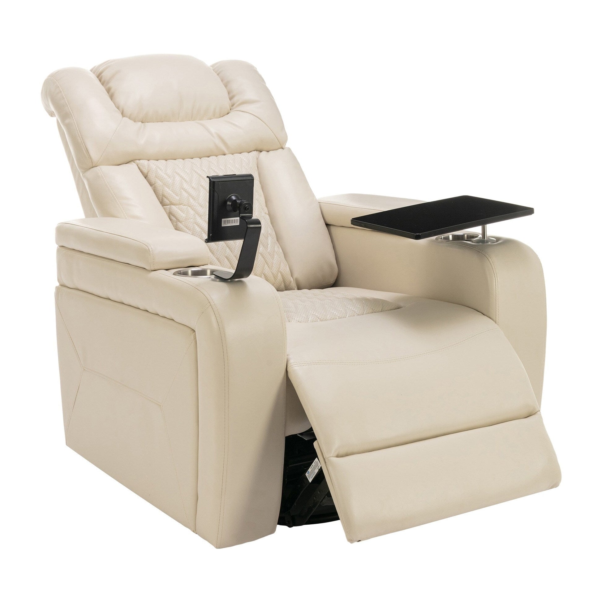 Fauteuil inclinable électrique en cuir PU pivotant à 270 degrés, siège individuel pour home cinéma avec dossier confortable et plateau.