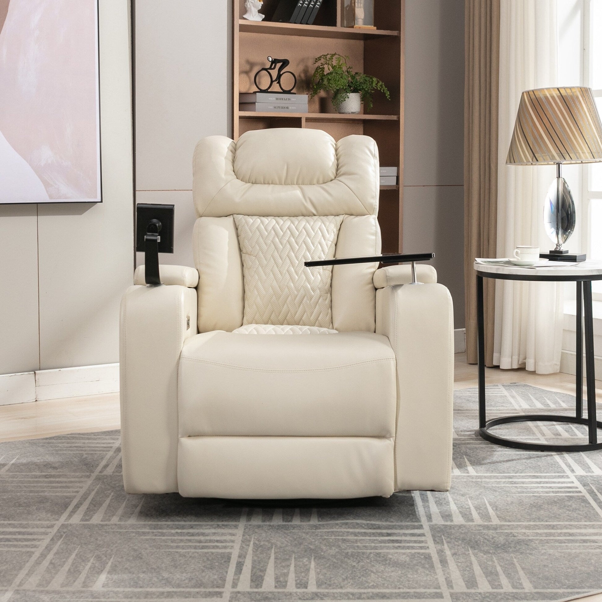 Fauteuil inclinable électrique en cuir PU pivotant à 270 degrés, siège individuel pour home cinéma avec dossier confortable et plateau.