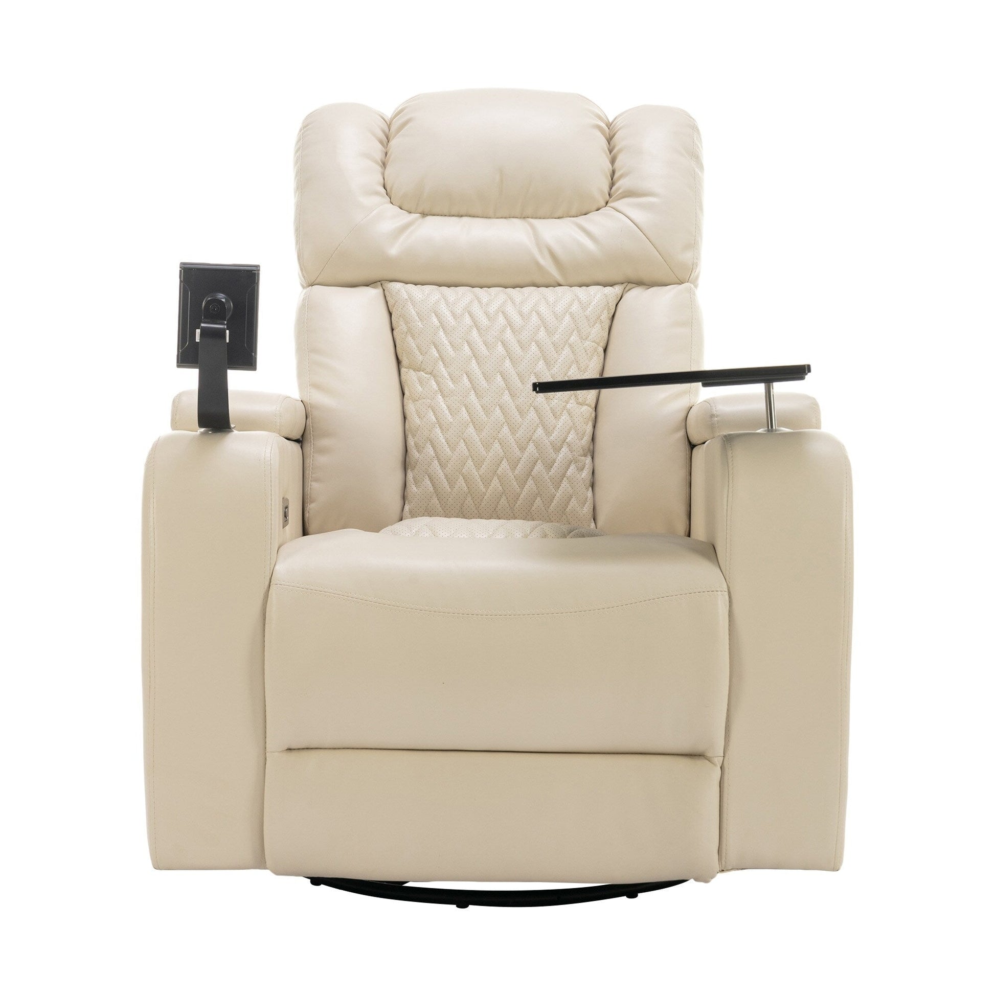 Fauteuil inclinable électrique en cuir PU pivotant à 270 degrés, siège individuel pour home cinéma avec dossier confortable et plateau.