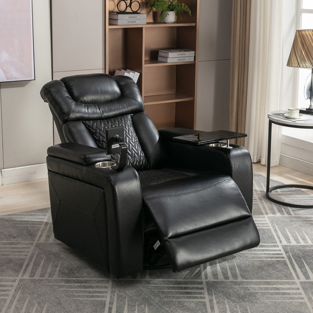 Fauteuil inclinable électrique en cuir PU pivotant à 270 degrés, siège individuel pour home cinéma avec dossier confortable et plateau.