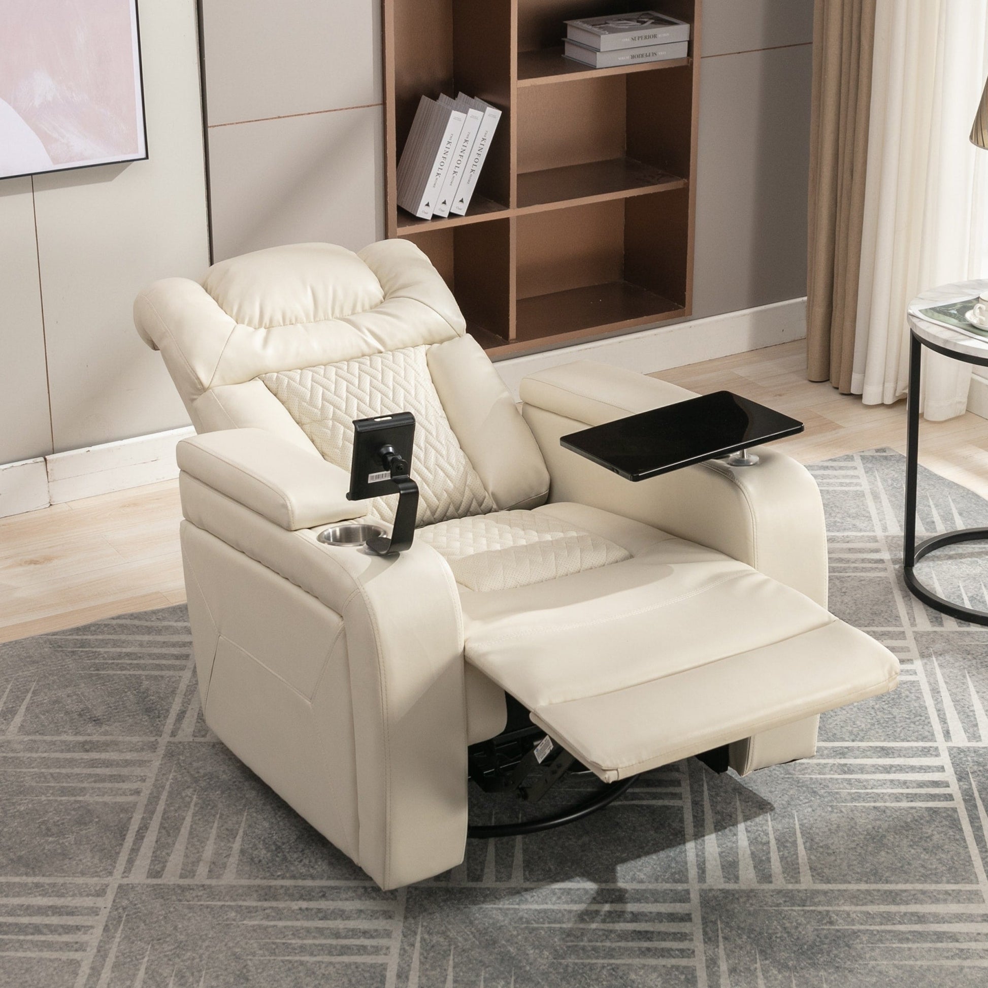 Fauteuil inclinable électrique en cuir PU pivotant à 270 degrés, siège individuel pour home cinéma avec dossier confortable et plateau.